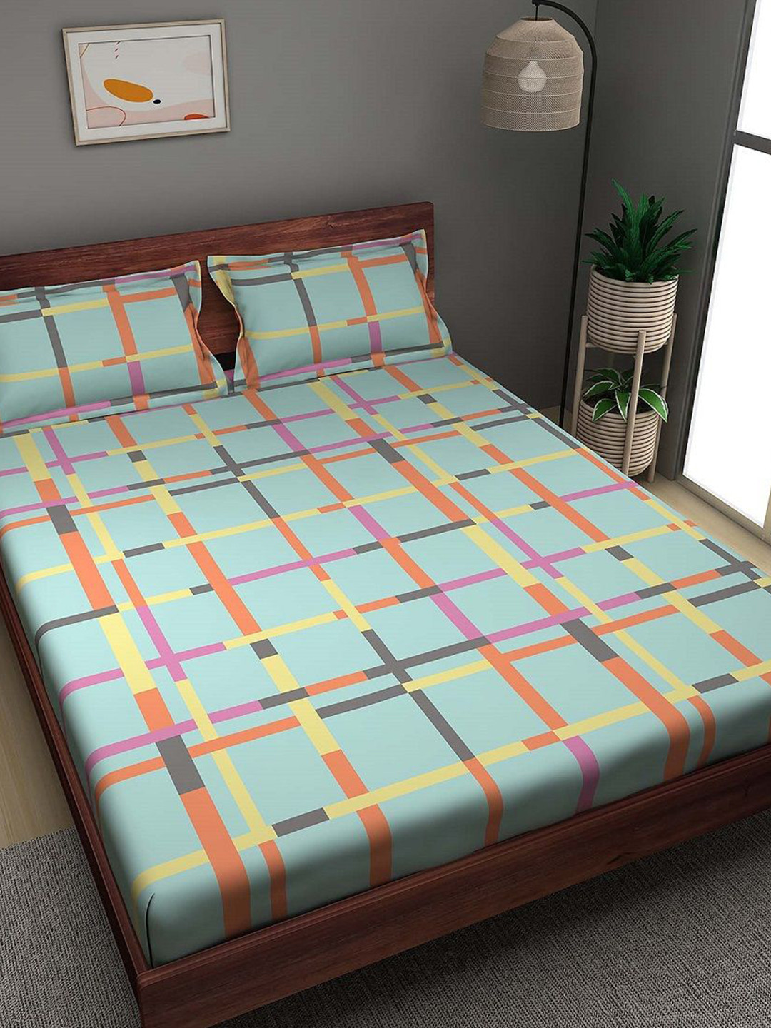 Sleepyhead Tetris Blue Geometric Pure Cotton 144 TC King Bedsheet with 2 Pillow Covers-108 x 108 inches