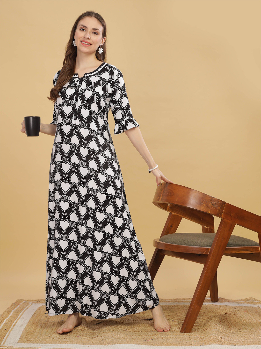 9shines Label Black soft Rayon Heart Print Nightdress