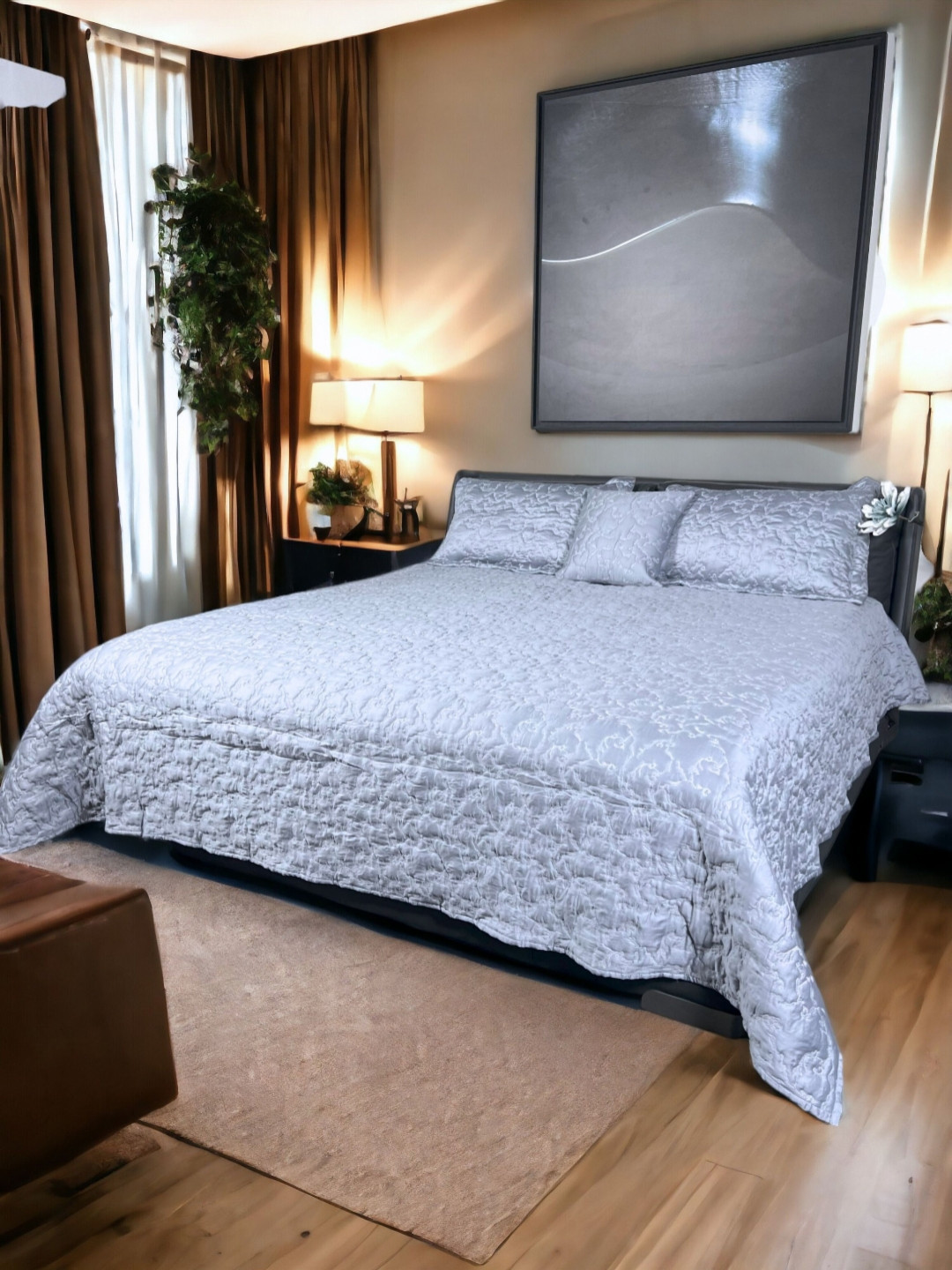 ERBA Bari Blue Textured Cotton Double Bed Cover & 2 Pillow Covers