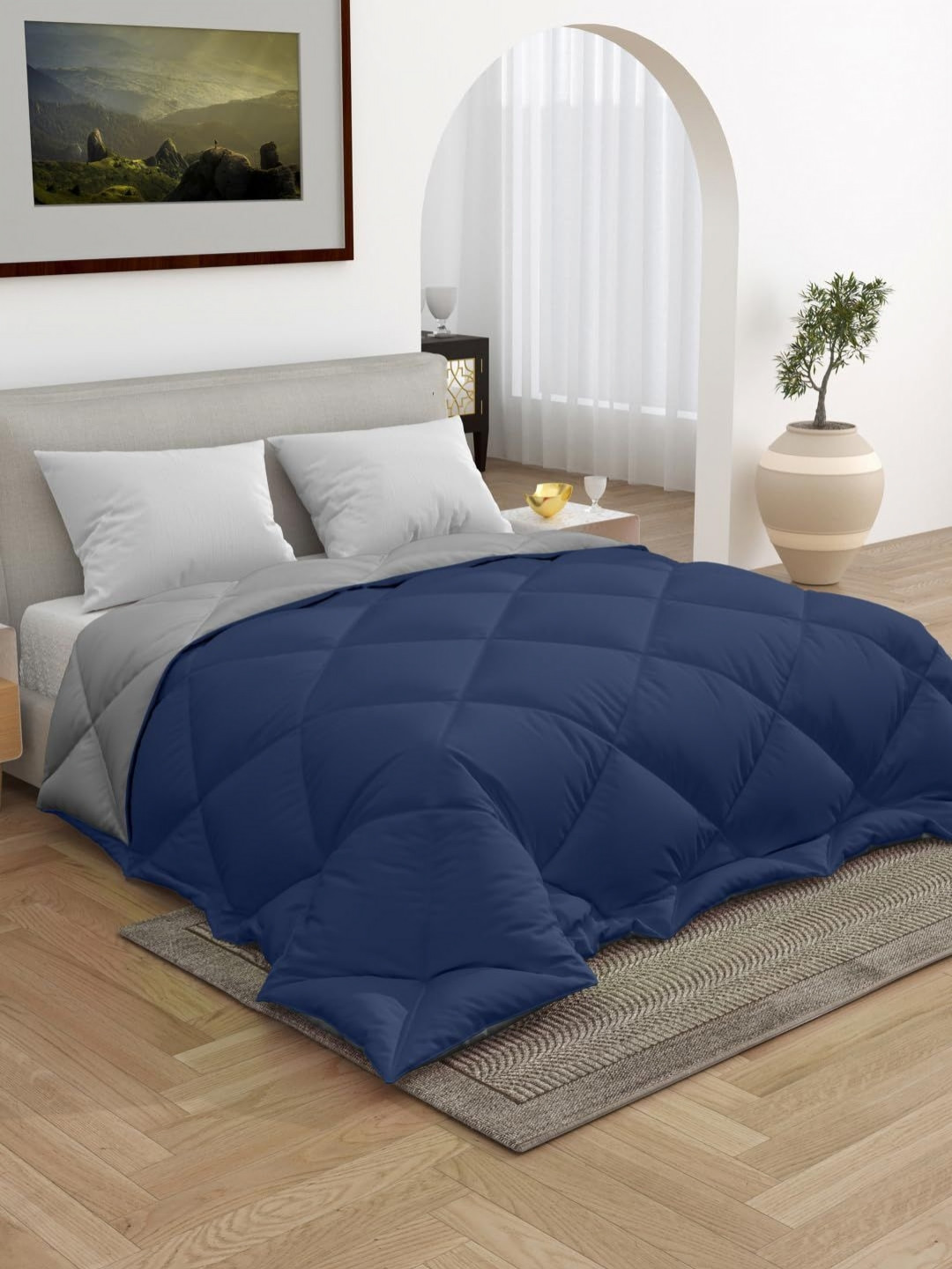 CHICERY Blue & Grey Geometric Textured Heavy Winter Double Bed Reversible Comforter