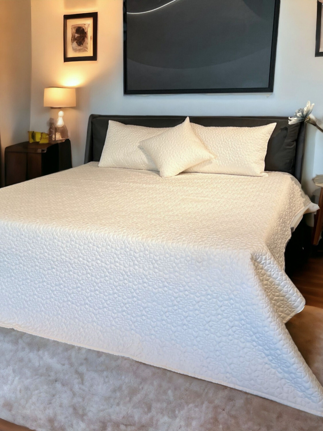 ERBA White Textured Cotton TC 380 Double Bed Cover & 2 Pillow Covers