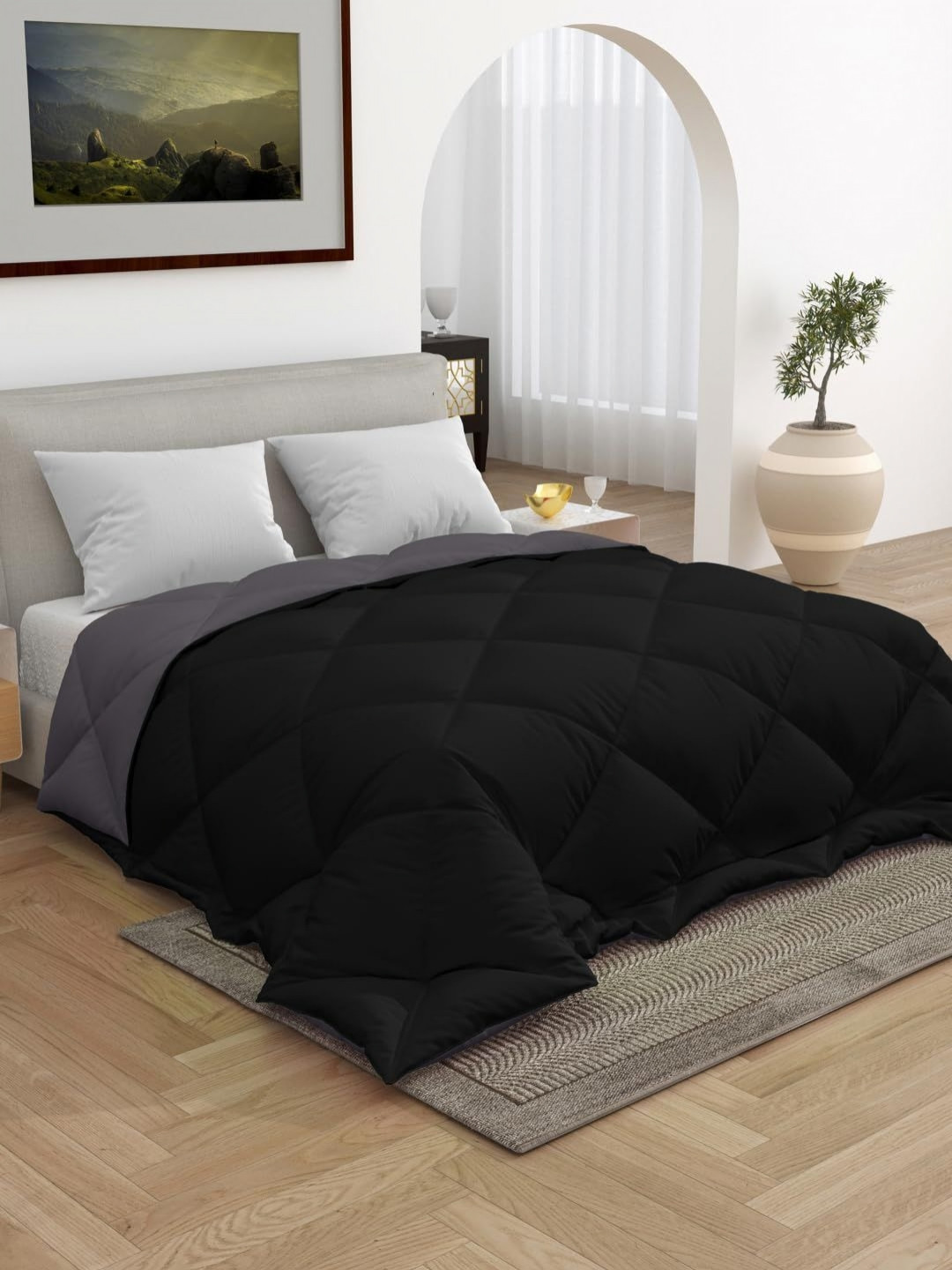 CHICERY Black & Grey Geometric Textured Heavy Winter Double Bed Reversible Comforter