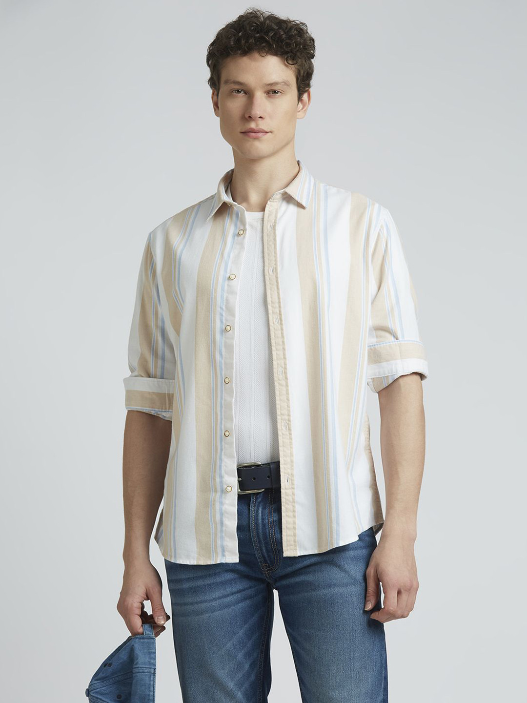 Pepe Jeans Men Spread Collar Vertical Striped Polycotton Casual Shirt