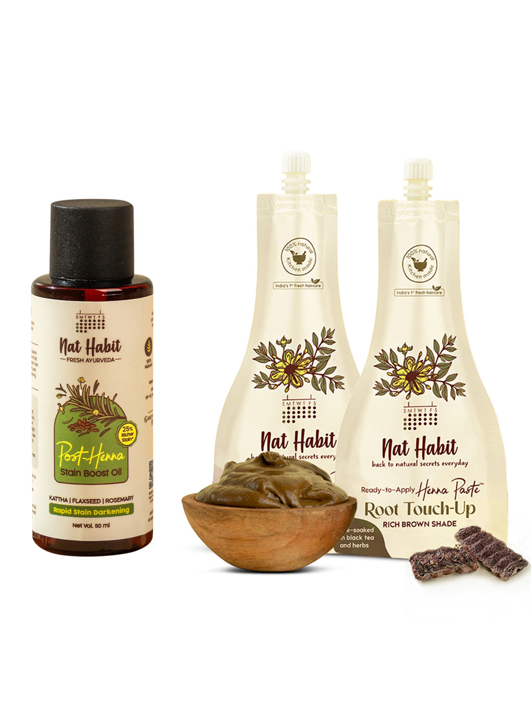 Nat Habit 2 Pcs Root Touch Up Henna Paste & Post Henna Stain Boost Oil Hair Care Combo