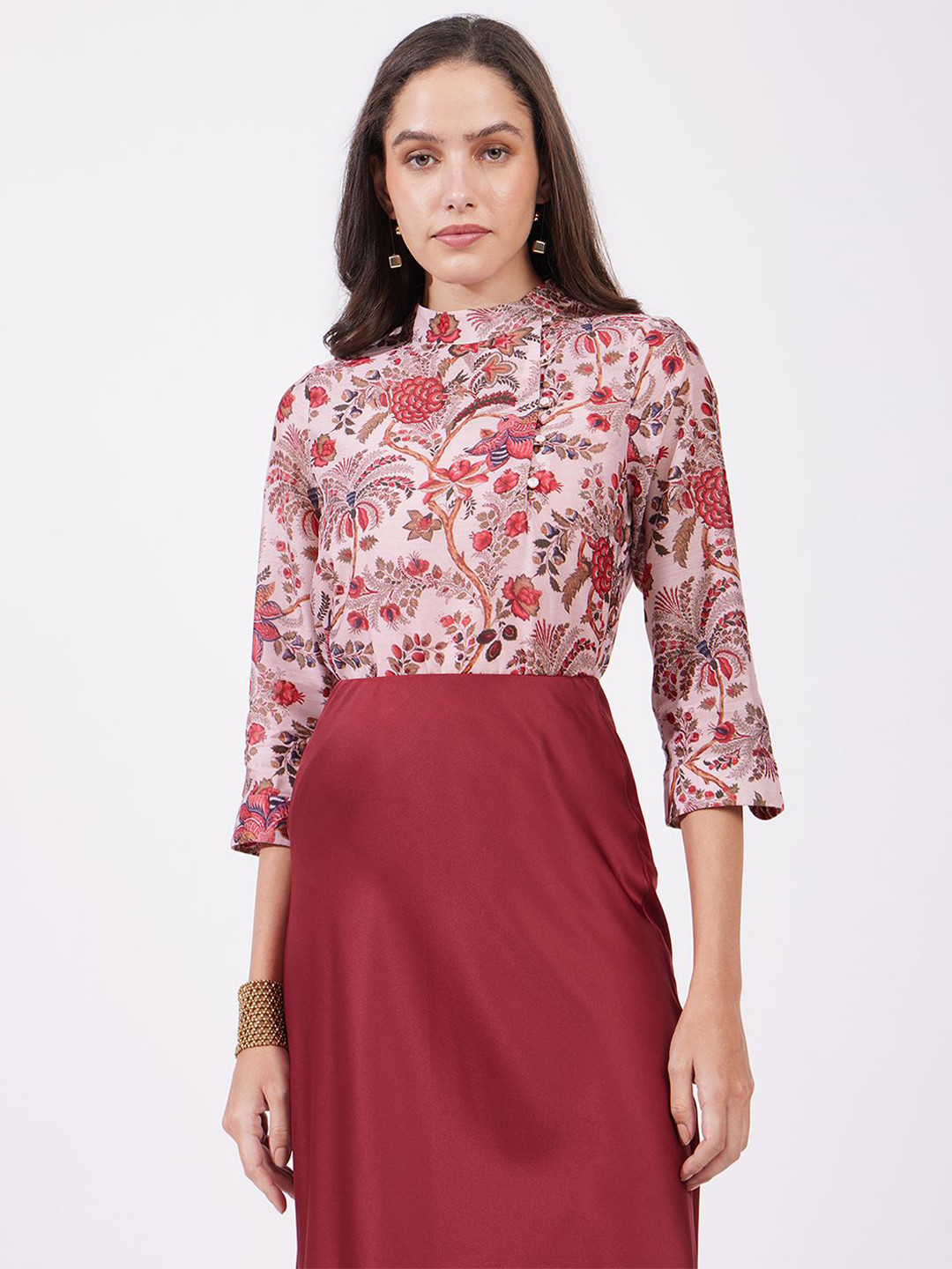 FableStreet Women Floral Printed Mandarin Collar Red Top