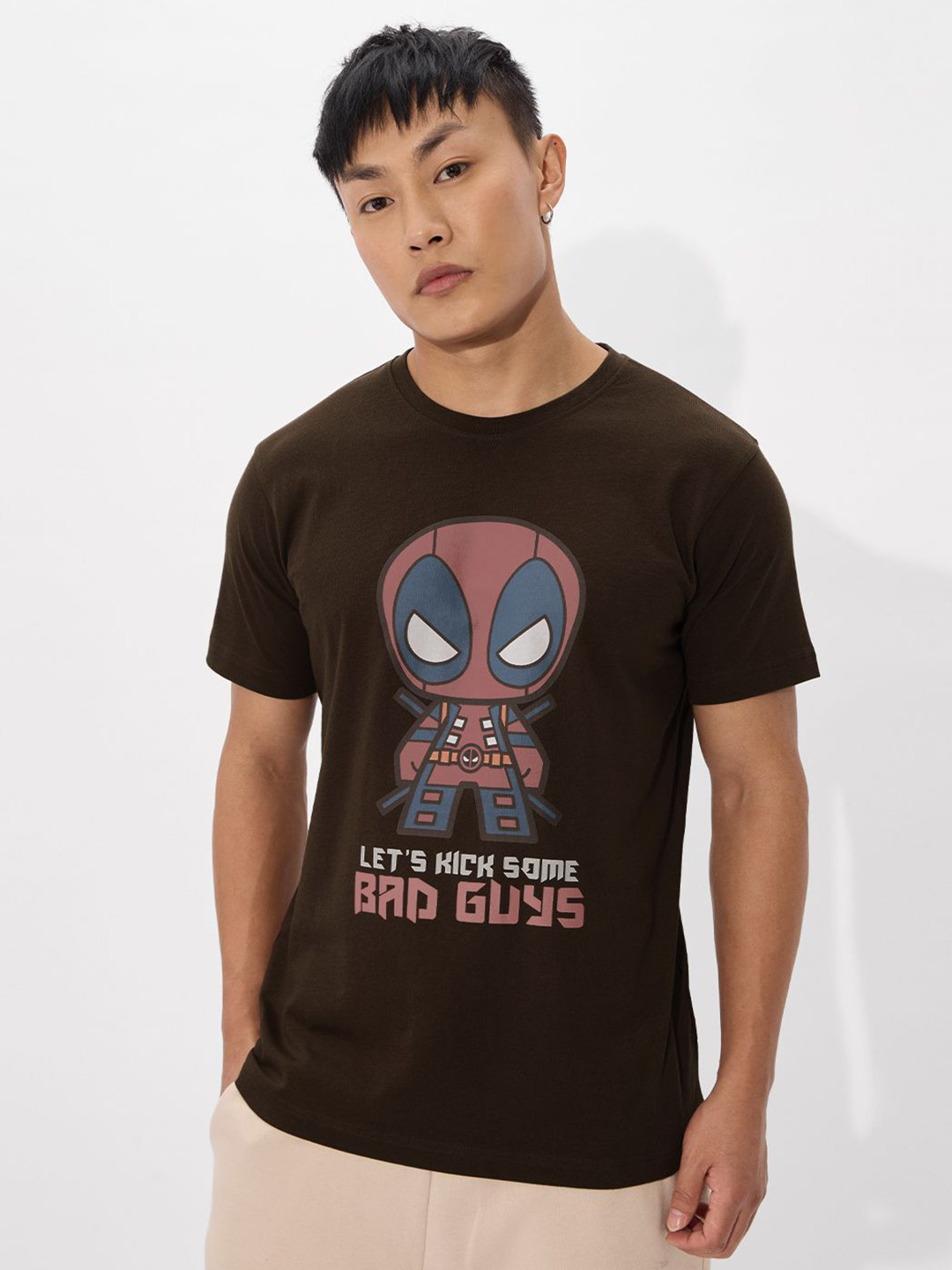 The Souled Store Official Men Deadpool: Let's Kick Bad Guys Brown Regular Fit T-Shirt
