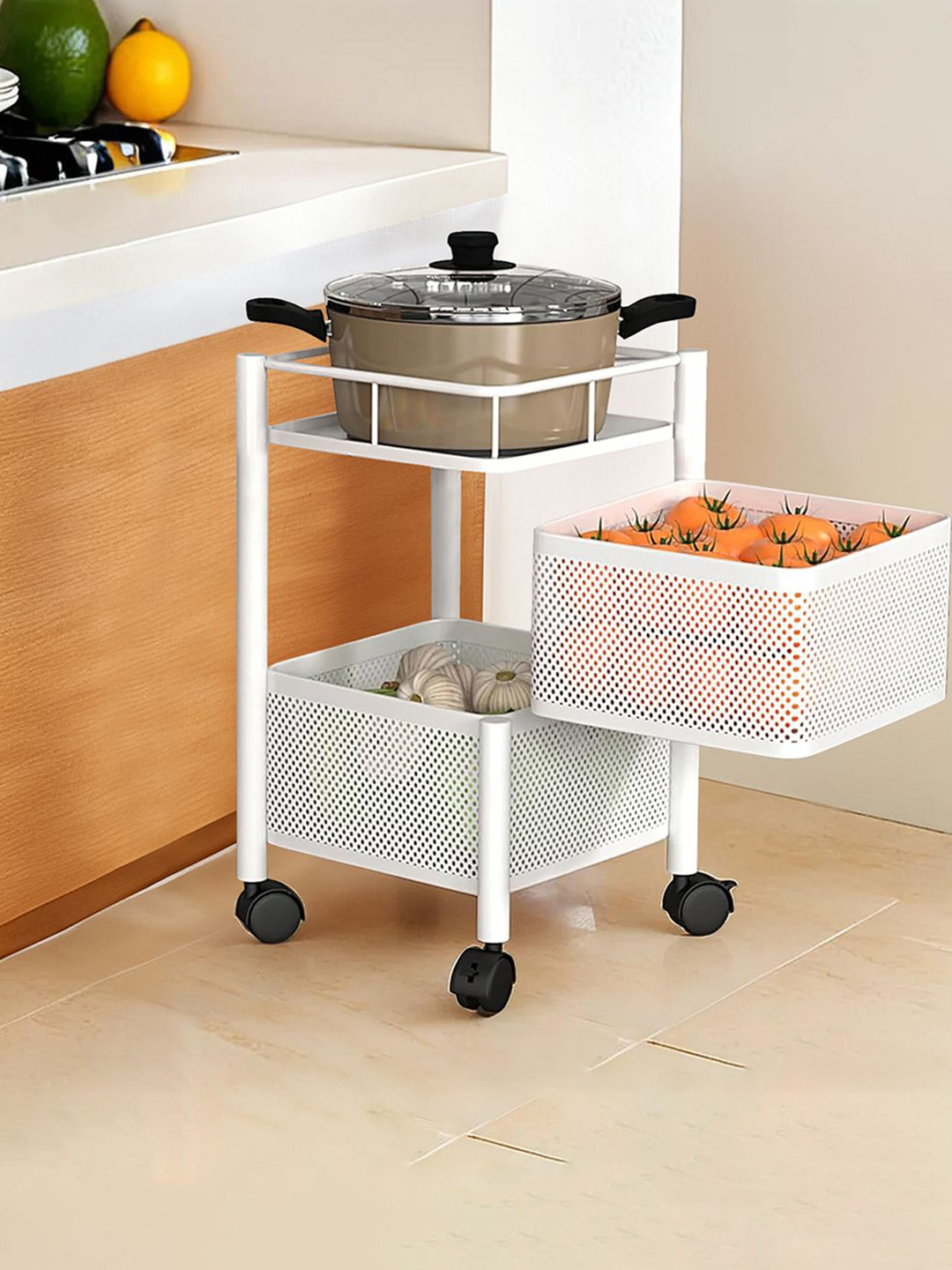 Kuber Industries White 2-Tier Revolving Multipurpose Storage Rack with Wheels