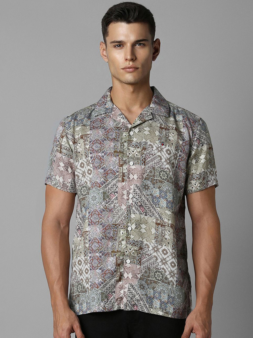 Louis Philippe Jeans Men Cuban Collar Floral Printed Lyocell Slim Fit Casual Shirt