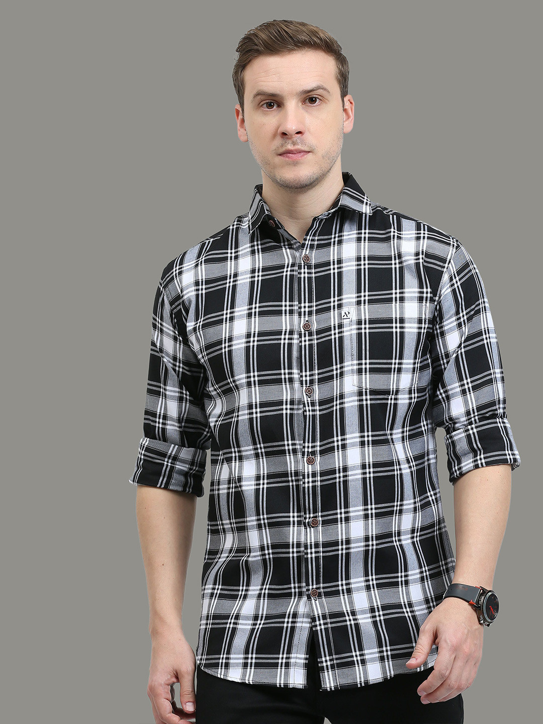 ALLWIN PAUL Men Comfort Cutaway Collar Shepherd Checked Cotton Casual Shirt