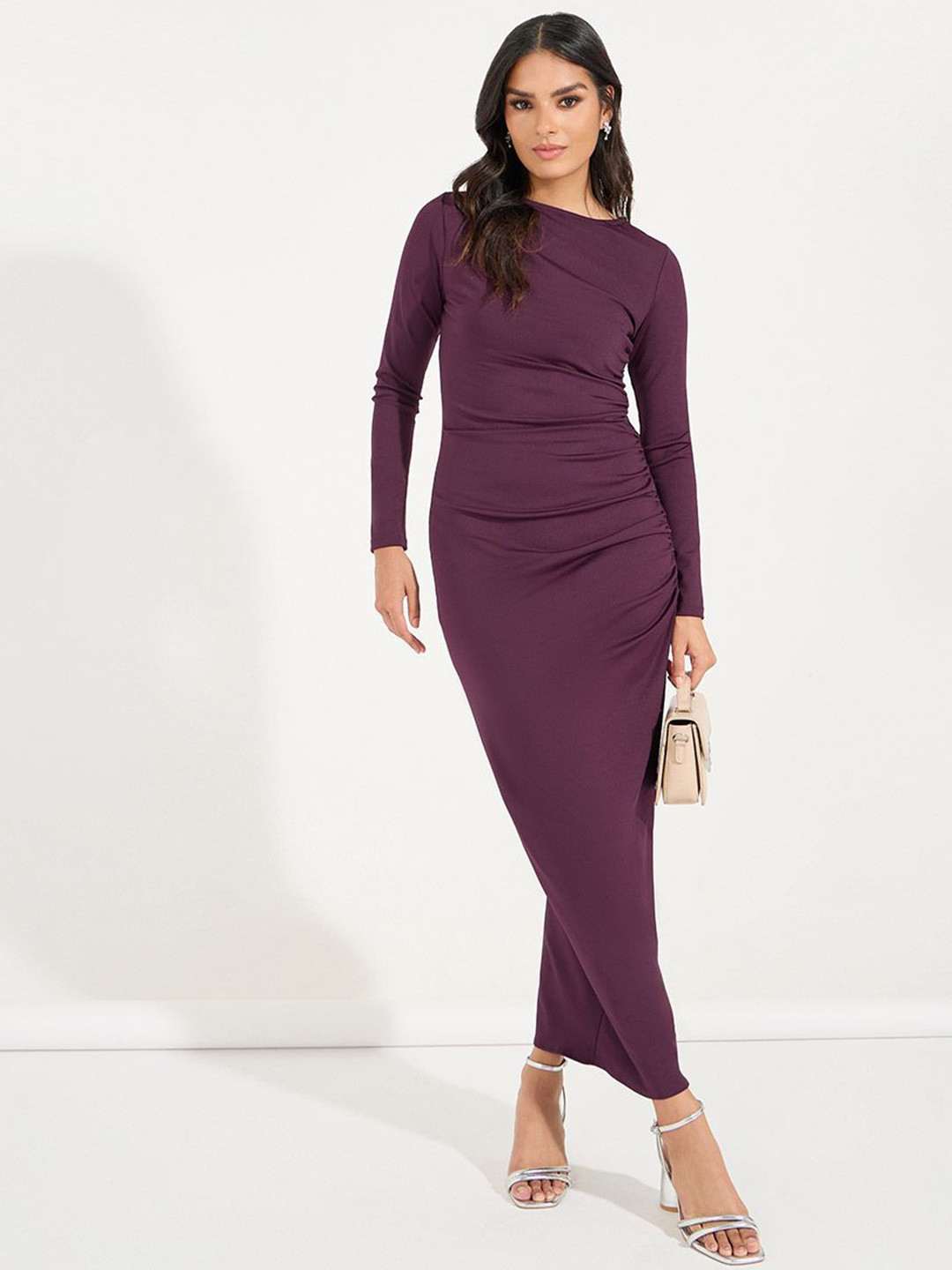 Styli Women Solid High Neck Fitted Sheath Maxi Length Dress