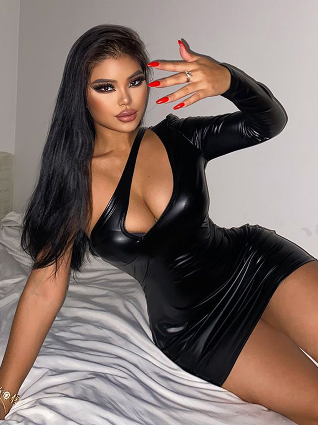 bebe PU Leather One-Shoulder Cut-Out Mini Dress