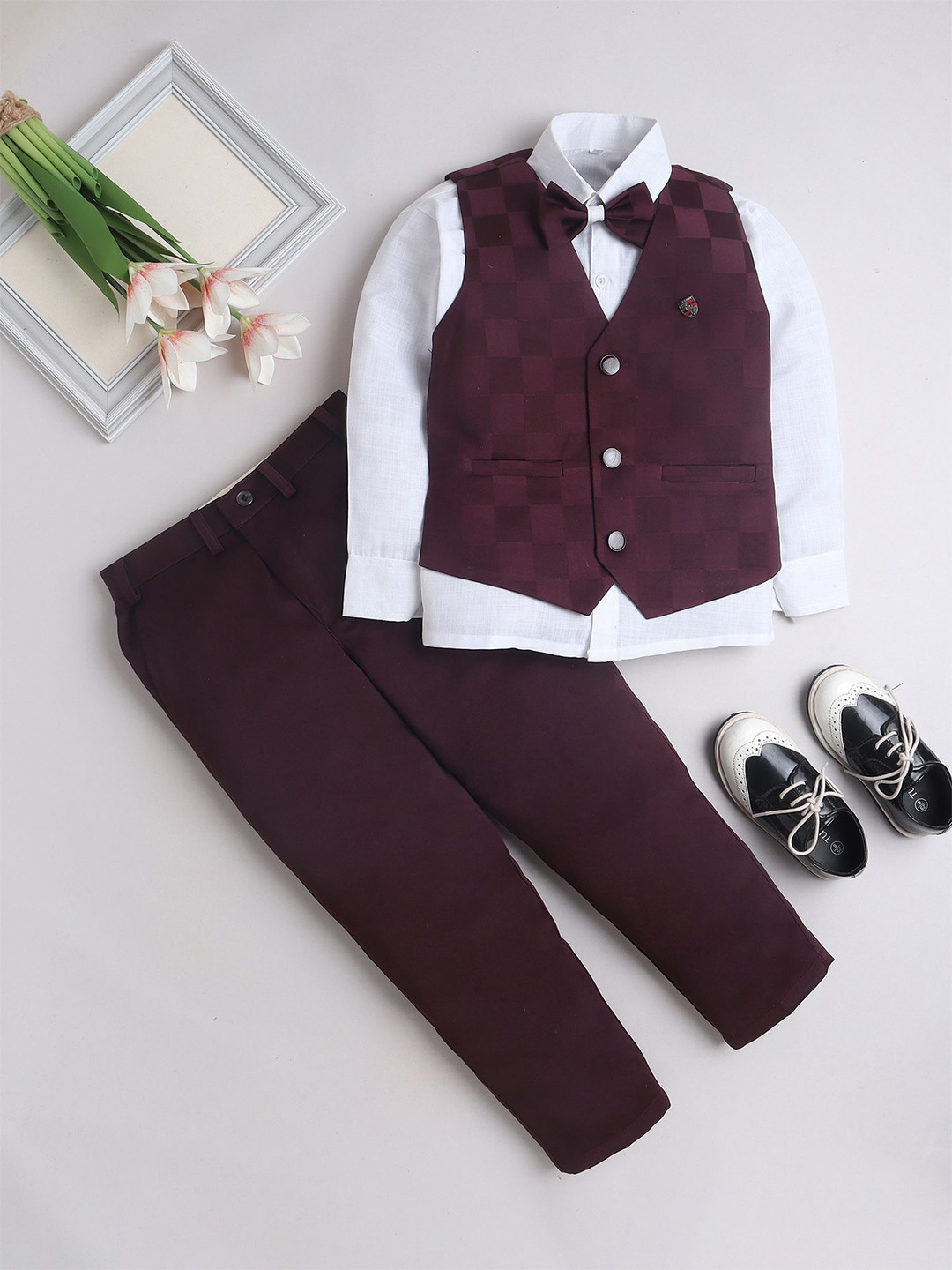 FOURFOLDS Boys Self Design Checked Waistcoat and Trouser and Shirt with Bow Tie