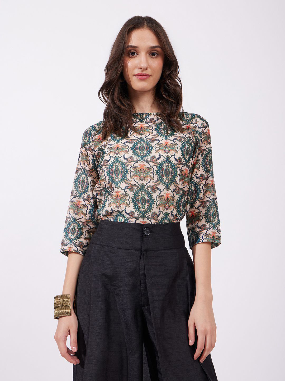 FableStreet Women Ethnic Motifs Printed Boat Neck White Top