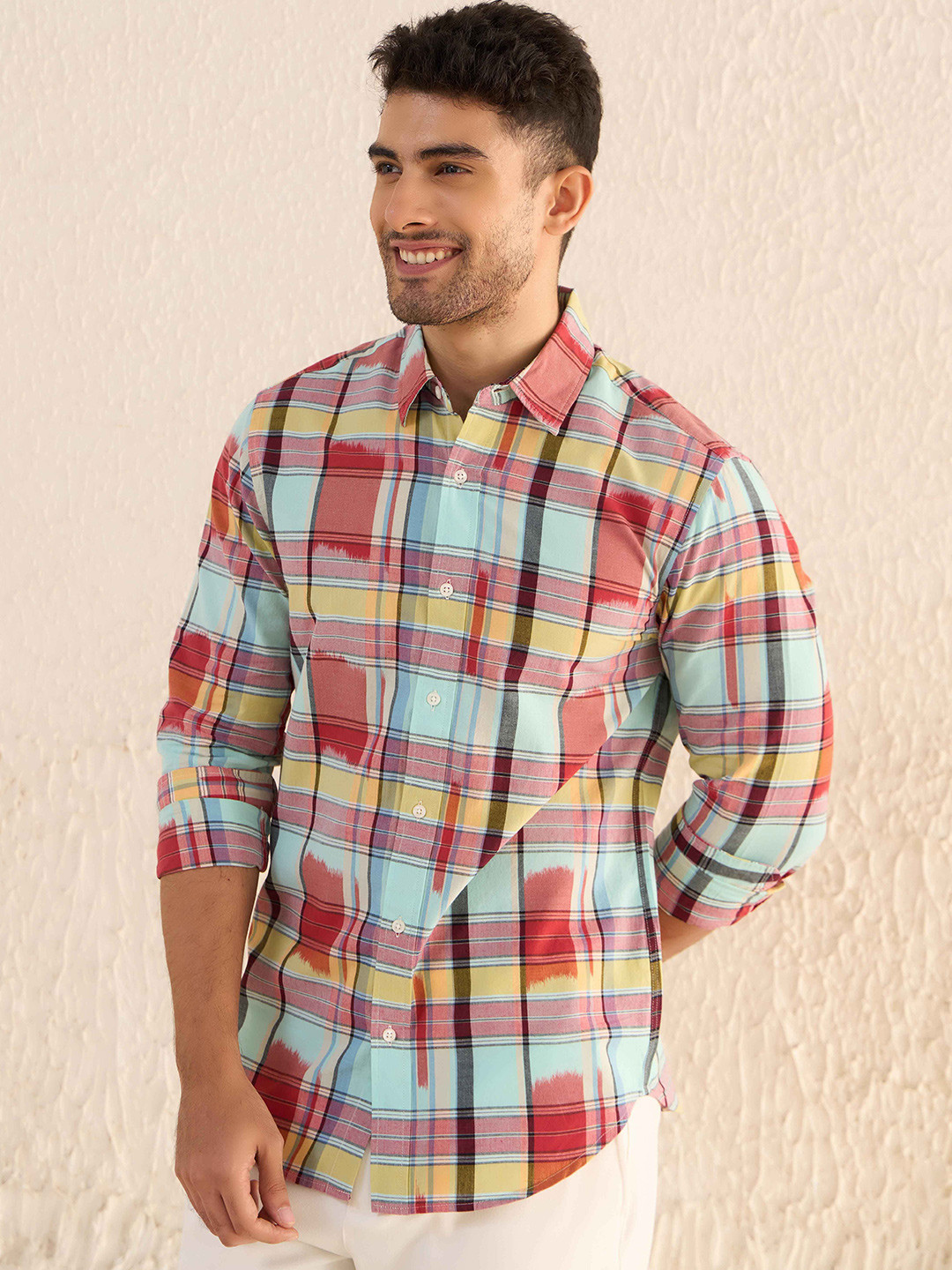 Pink Supply Men Classic Ikat Tartan Checked Cotton Relaxed Fit Casual Shirt