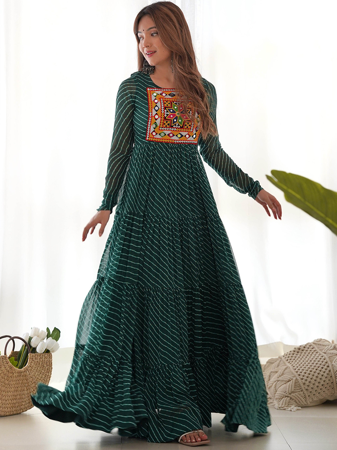 LABELKBBRAND Leheriya Printed Mirror & Thread Work Tiered Georgette Anarkali Kurta