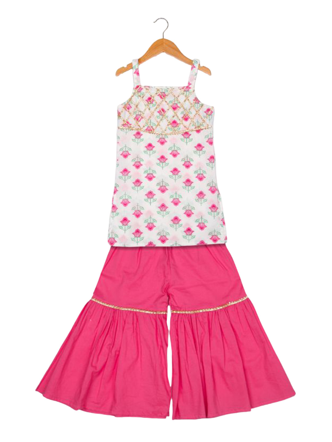 AATYA KIIDS Girls Floral Printed Gotta Patti Pure Cotton Straight Kurti with Sharara