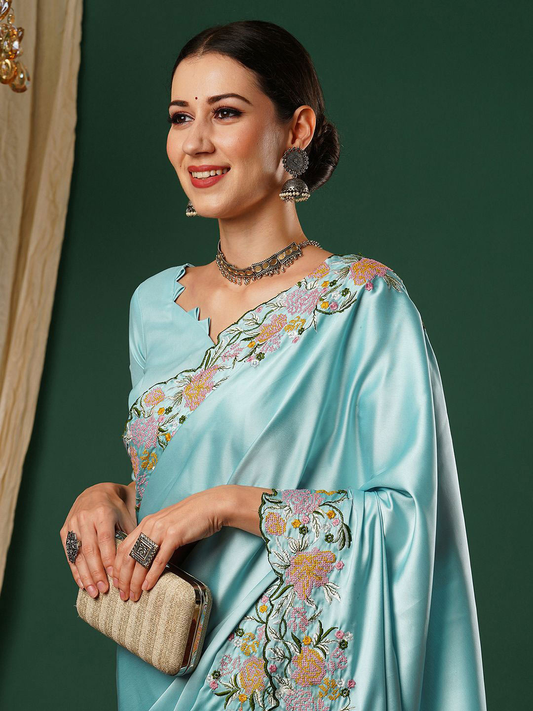 Satrani Embroidered Satin Saree