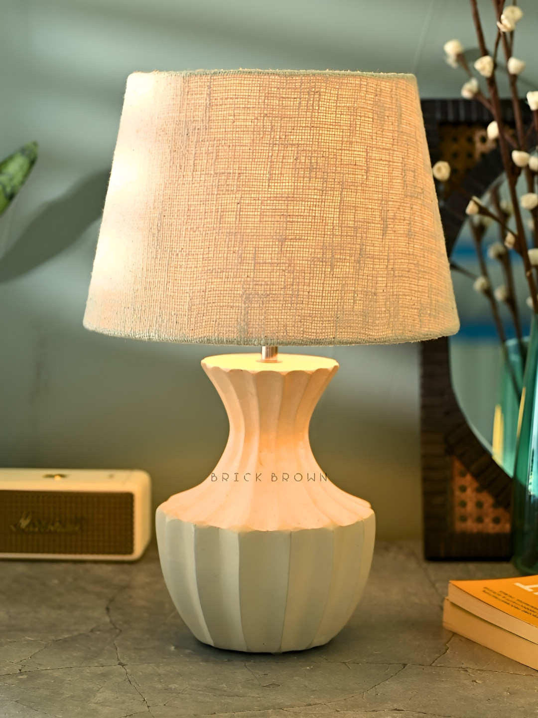 BRICK BROWN Beige Textured Wood Contemporary Frusturical Shaped Table Lamp with Bulb