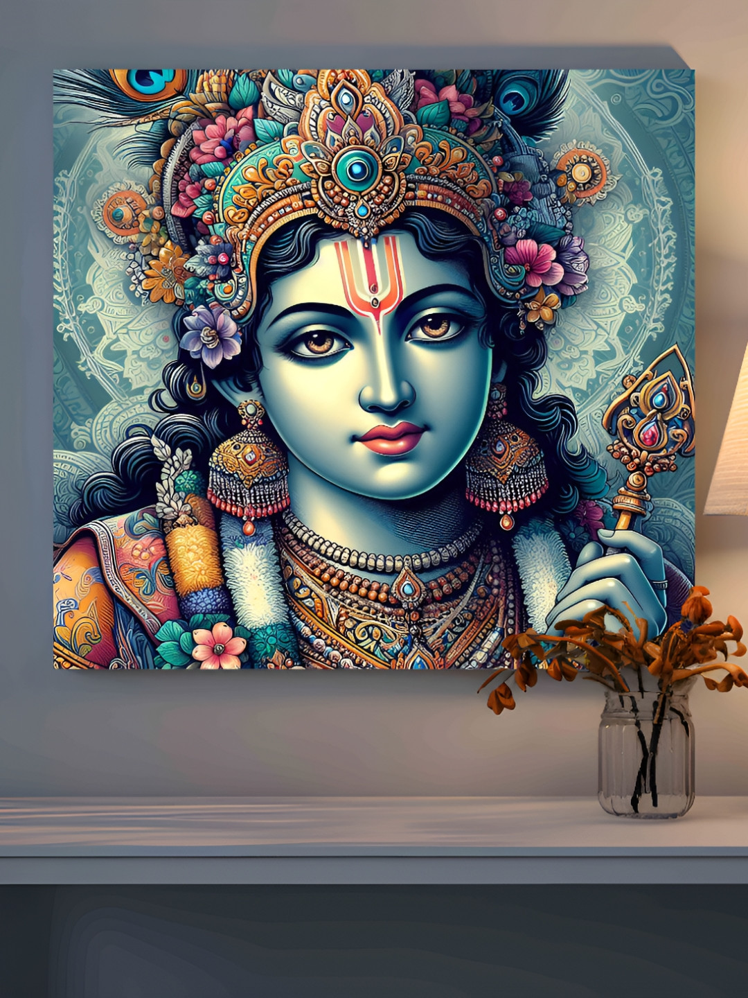 SAF Blue & Yellow Wooden Canvas God Krishna Religious Wall Art