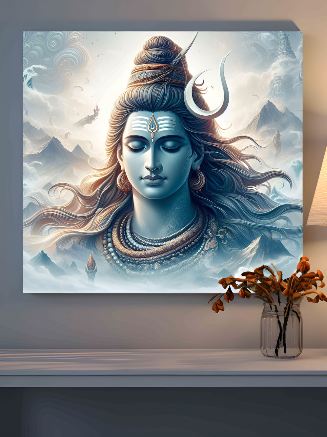 SAF Blue & Black Wooden Canvas Shiv ji Religious Wall Art