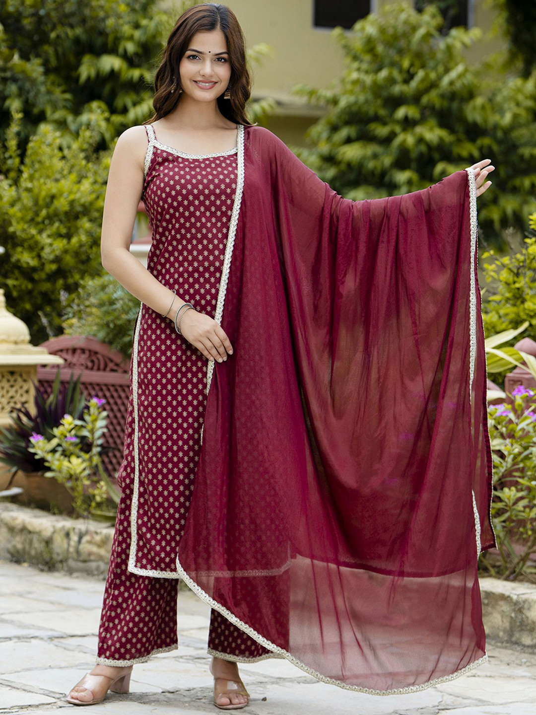 Anouk Rustic Red Floral Printed Shoulder Straps Laced Pure Cotton Kurta with Palazzos & Dupatta