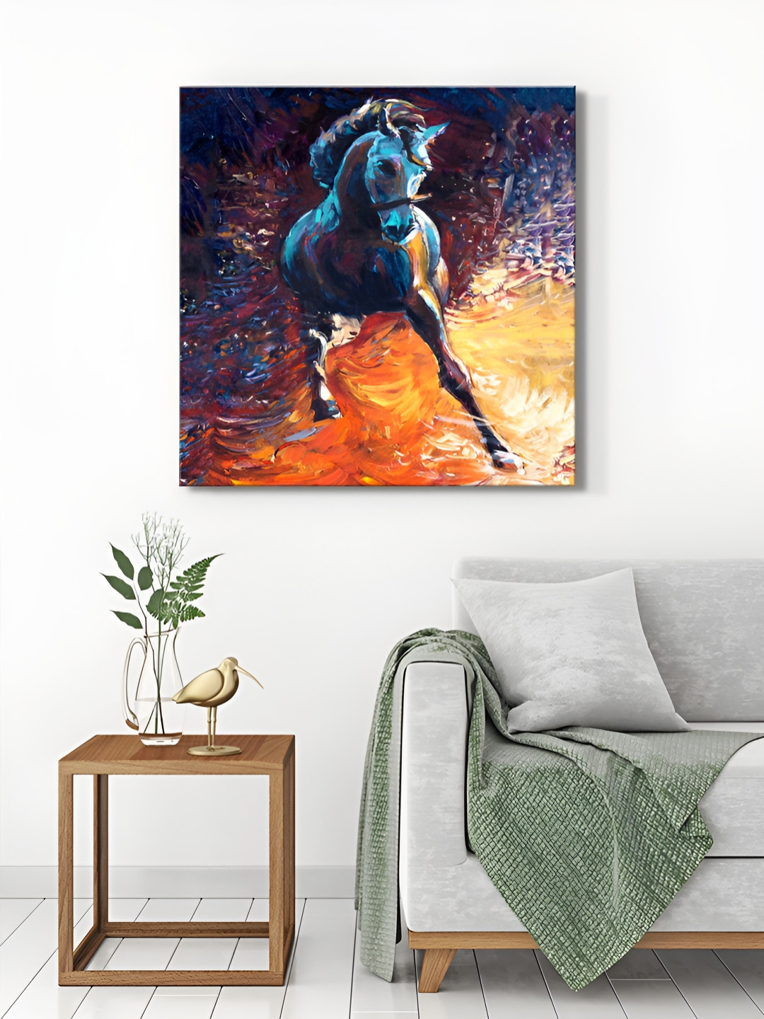 999Store Orange & Blue Stallion Painting, Horse Canvas Wall Paintings