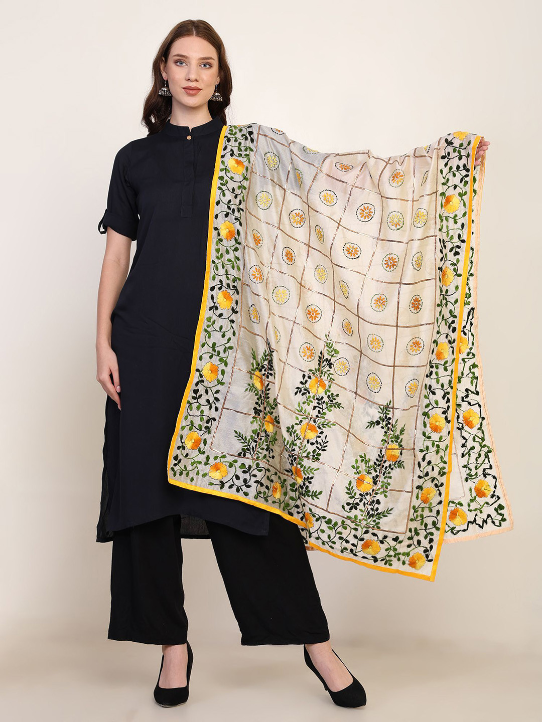 Tweedle Floral Punjabi Phulkari Embroidered Chanderi Dupatta