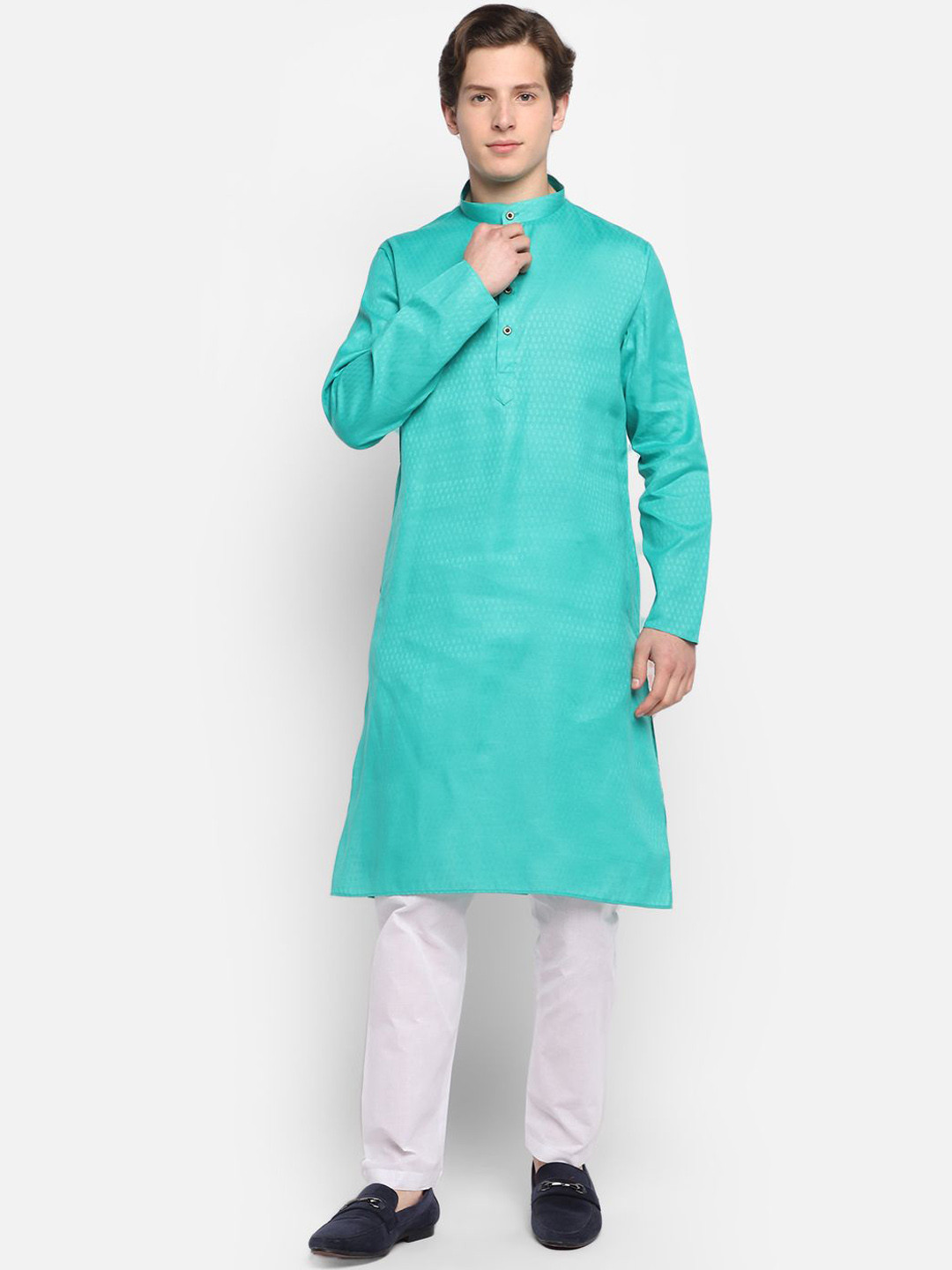 DEVOILER Woven design Band Collar Cotton Straight Kurta