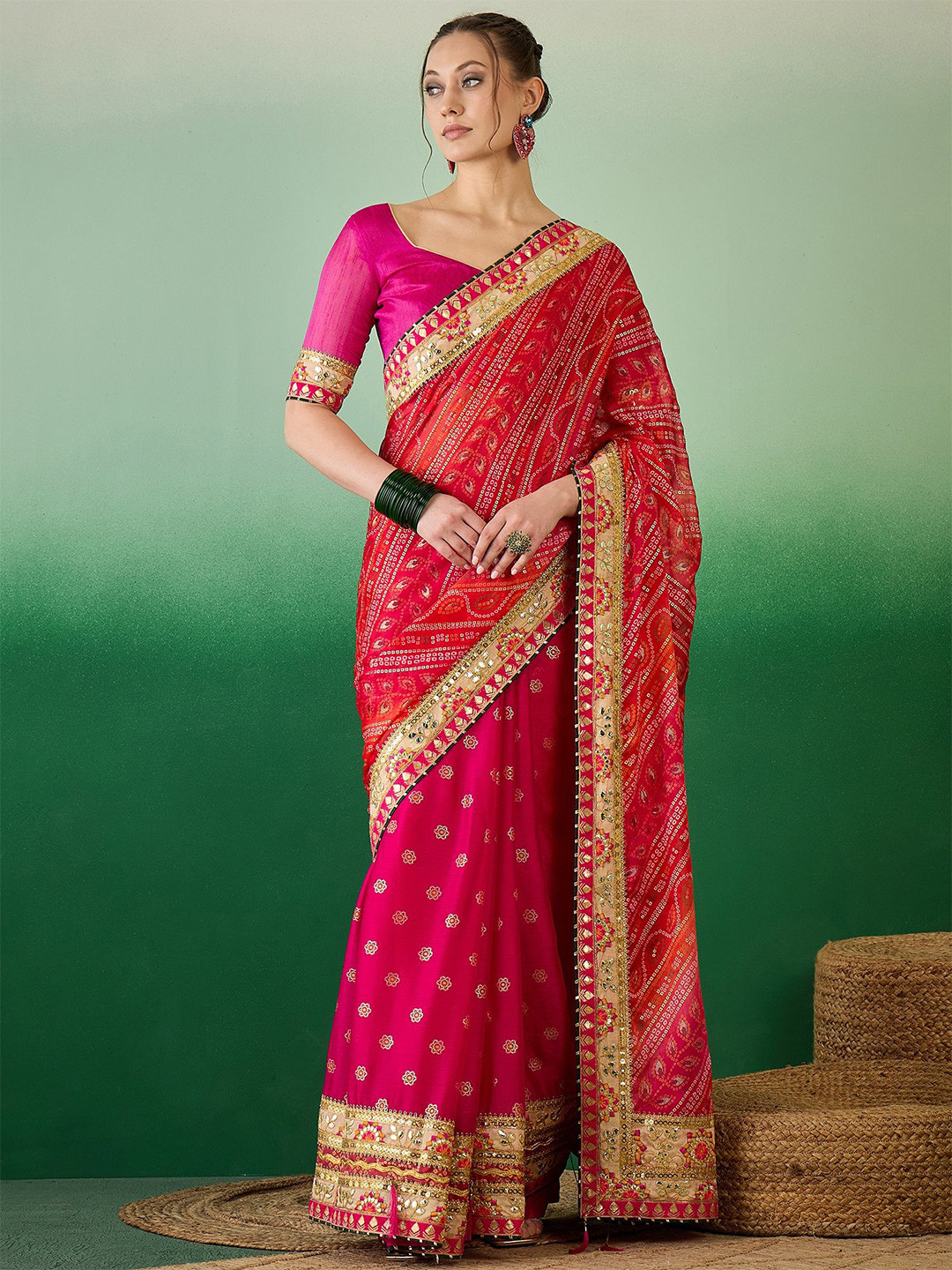 SERONA FABRICS Bandhani Sequinned Pure Chiffon Half and Half Bandhani Saree