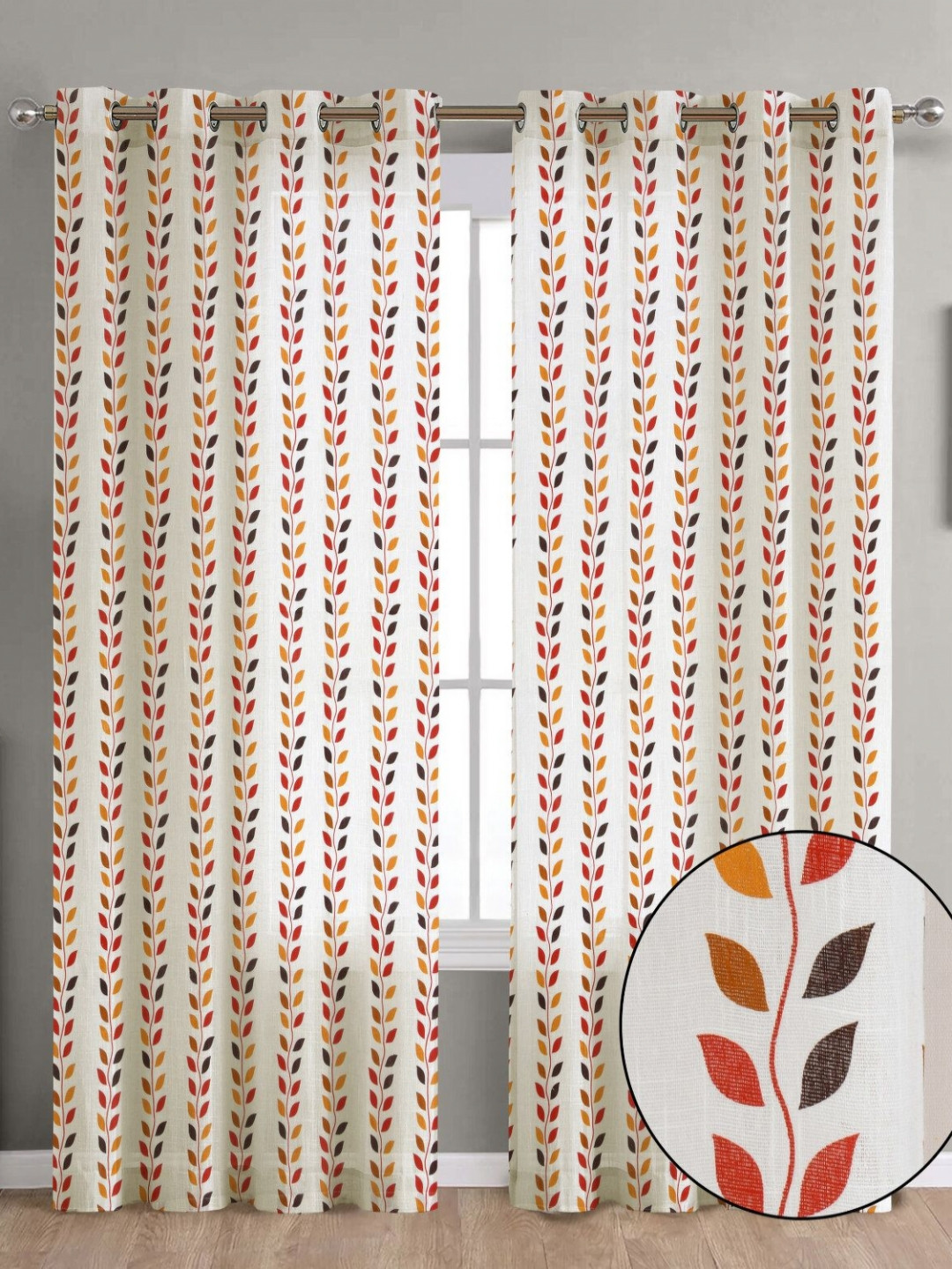 THE LINEN COMPANY White & Red 2 Pieces Floral Printed Sheer Window Curtains