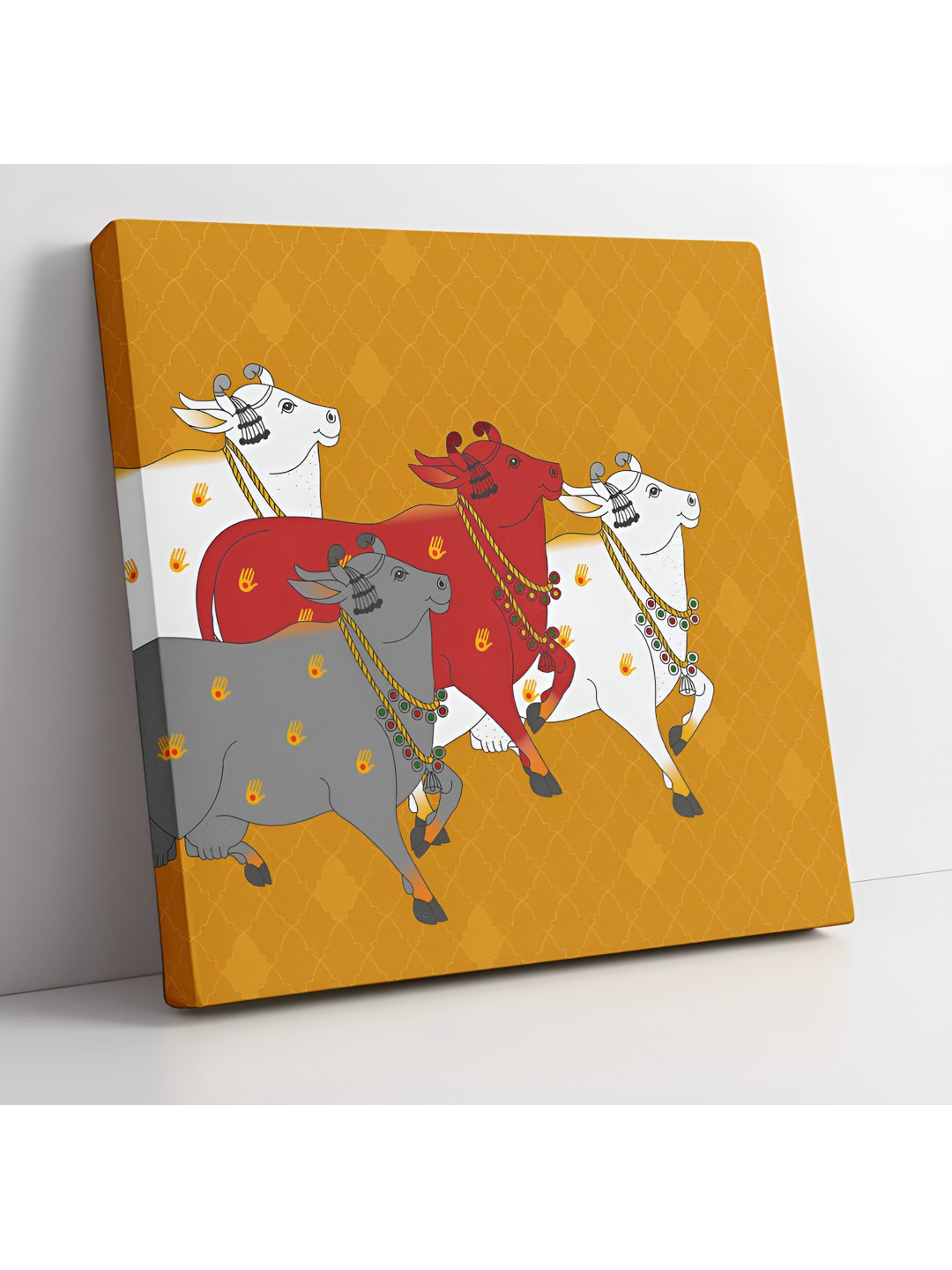 SAF Yellow & Grey Wooden Canvas Pichwai Cow Birds and Animals Wall Art