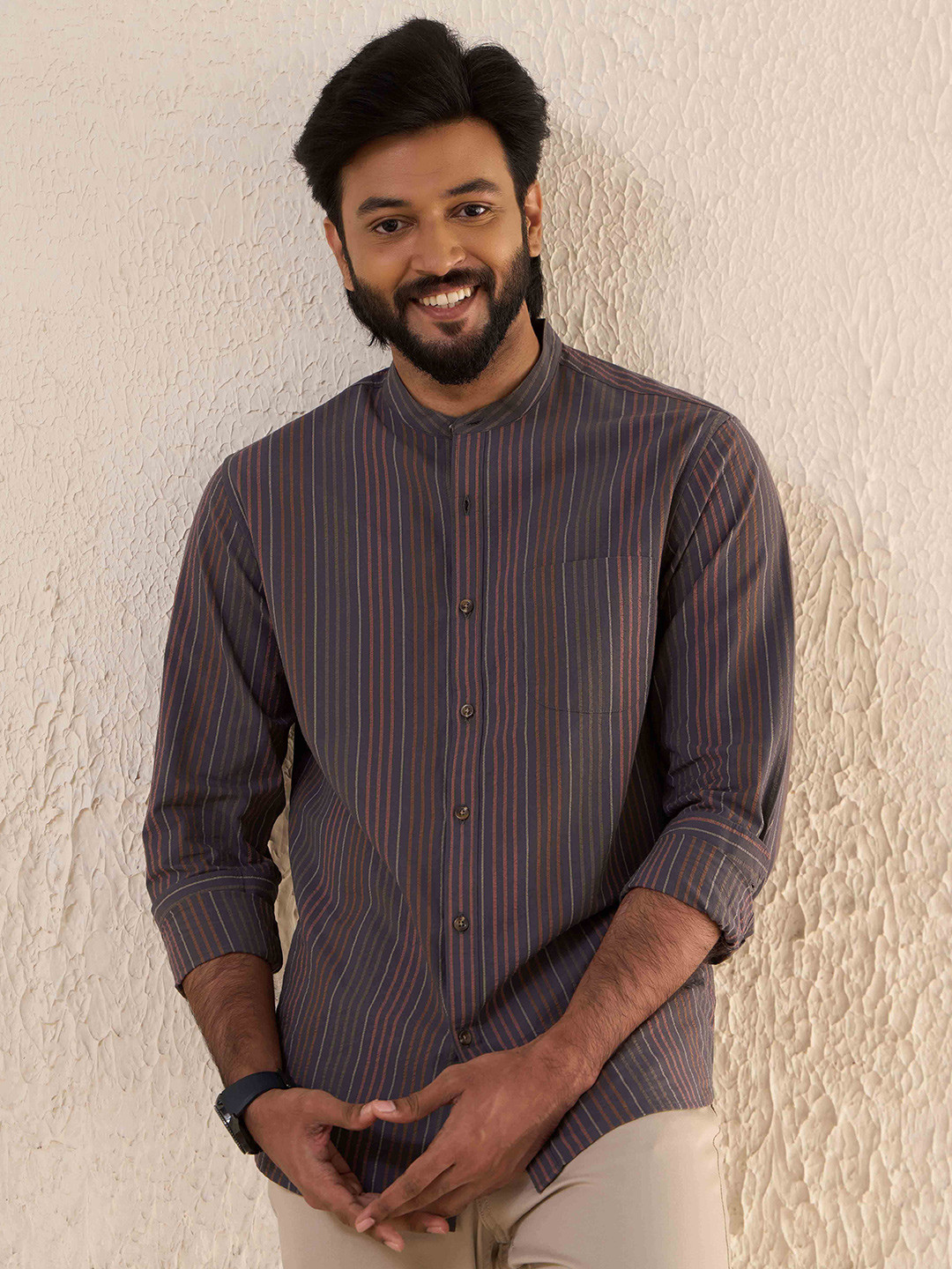 PINK SUPPLY Men Classic Mandarin Collar Vertical Striped Cotton Seersucker Shirt