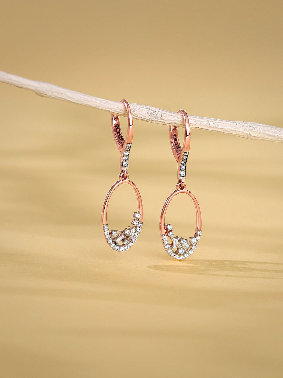 GIVA Women 18K Rose Gold Radiant Oval Diamond Earrings-2.3 gms