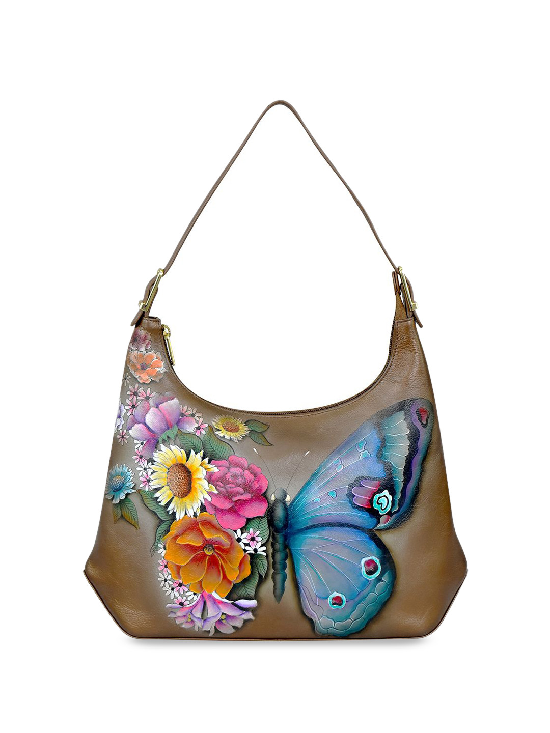 Anuschka Women Butterfly Blooms Bronze Hand Painted Leather Slim Shoulder Hobo Bag