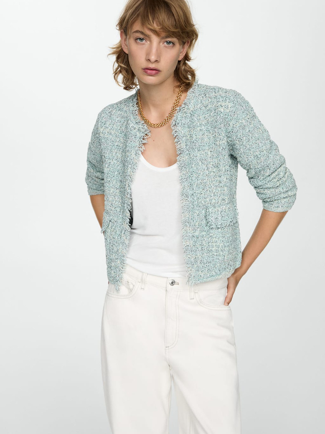 MANGO  Tweed Tailored  Jacket with Frayed Ends