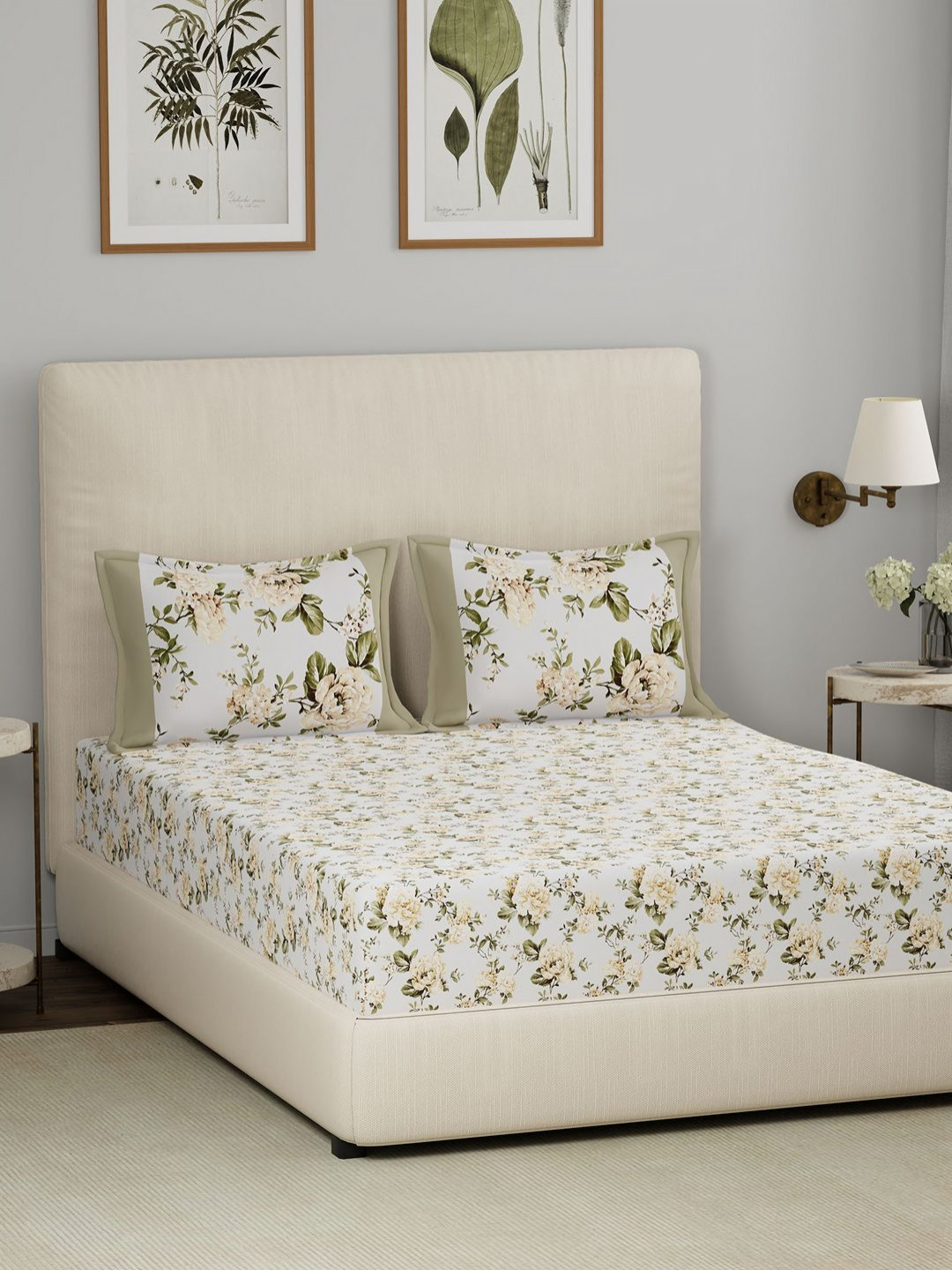 MASPAR Hermosa Eclectic Garden Distressed Flora Beige Floral Cotton 210 TC Queen Fine Bedsheet with 2 Pillow Covers-88 x 108 inches