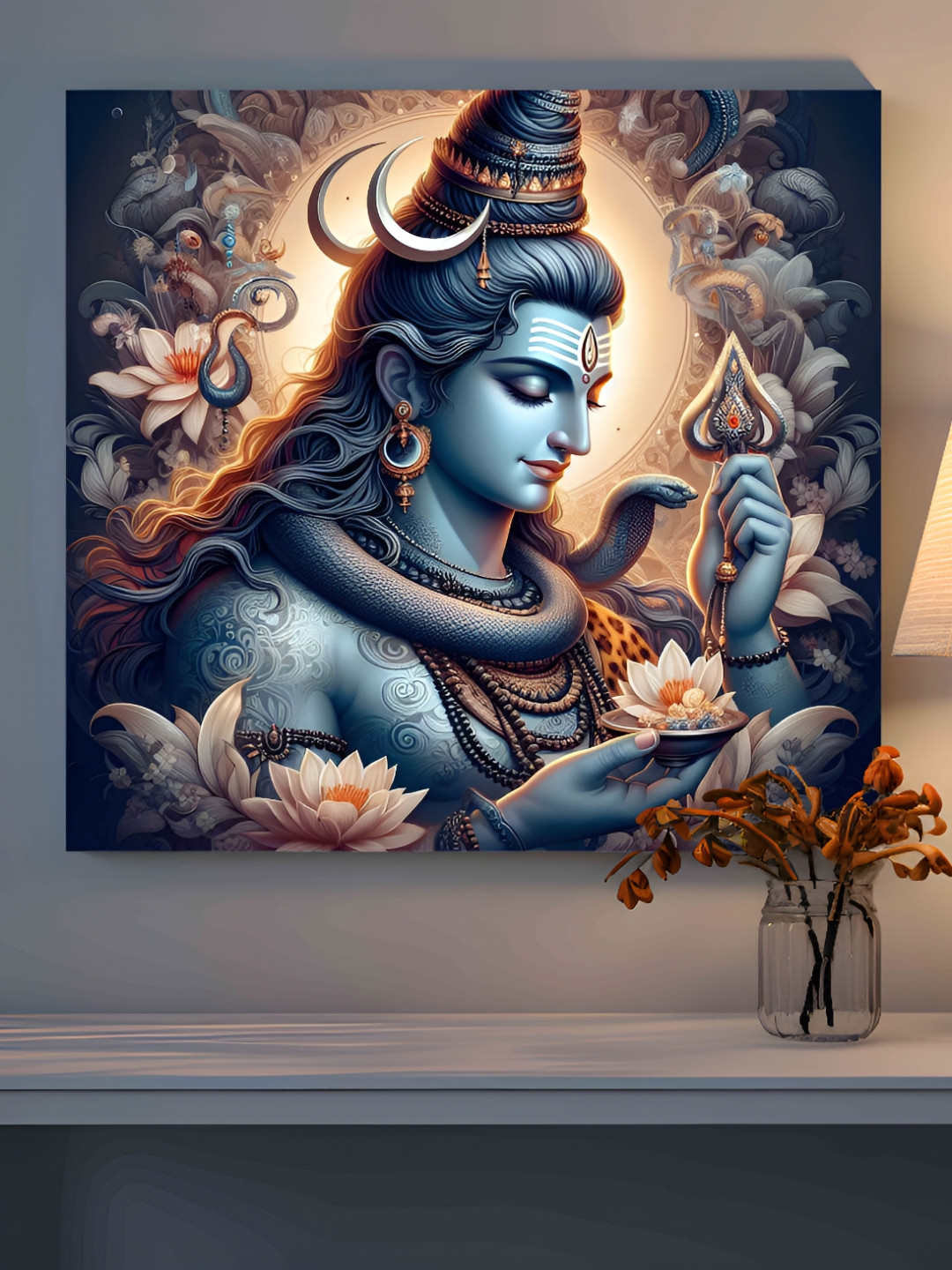SAF Blue & Black Wooden Canvas Shiv ji Religious Wall Art