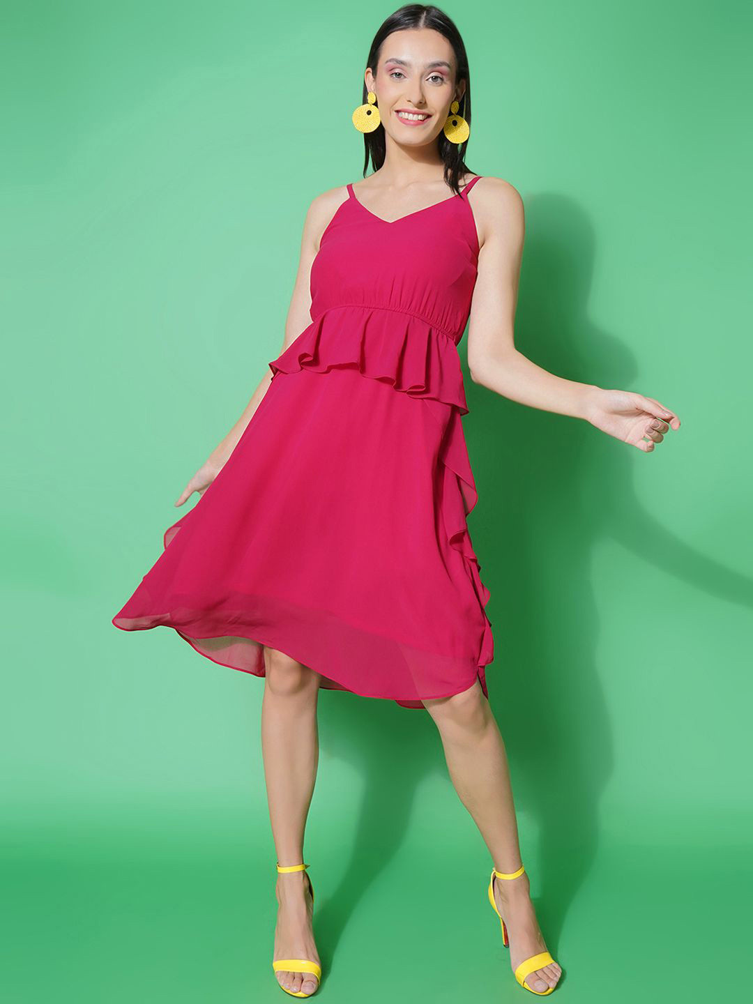 KATLINE Women's Knee Length Fit & Flare Frill Style Sleeveless Dress