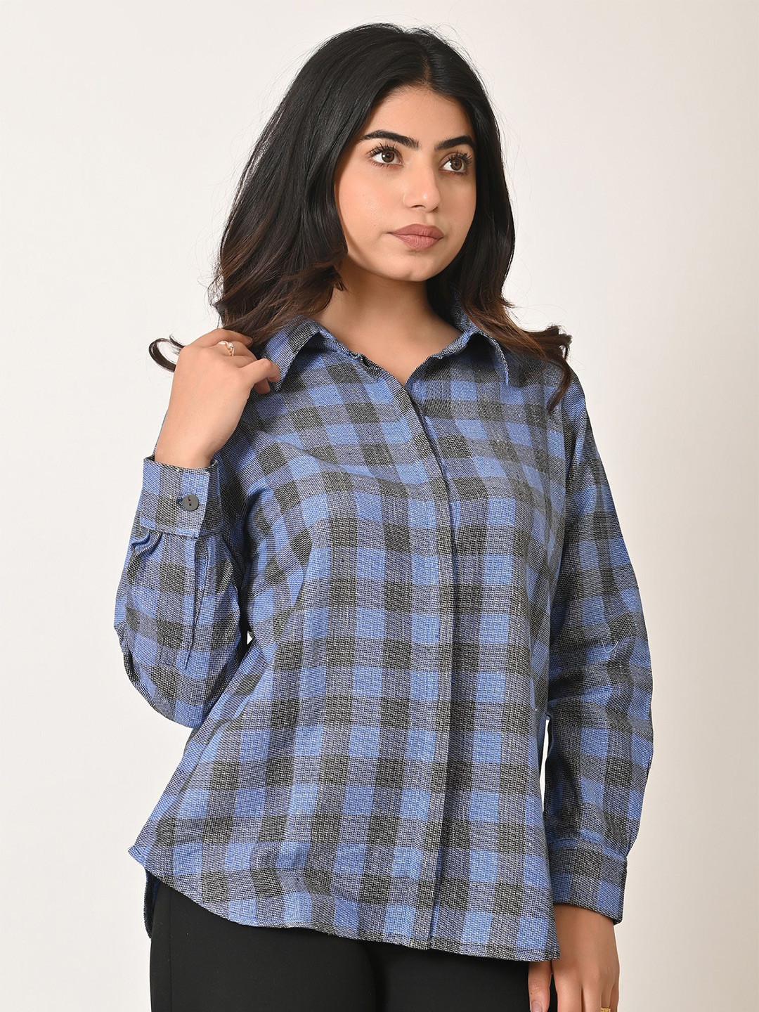 Cloth Bites Women Spread Collar Tartan Checked Cotton Casual Shirt