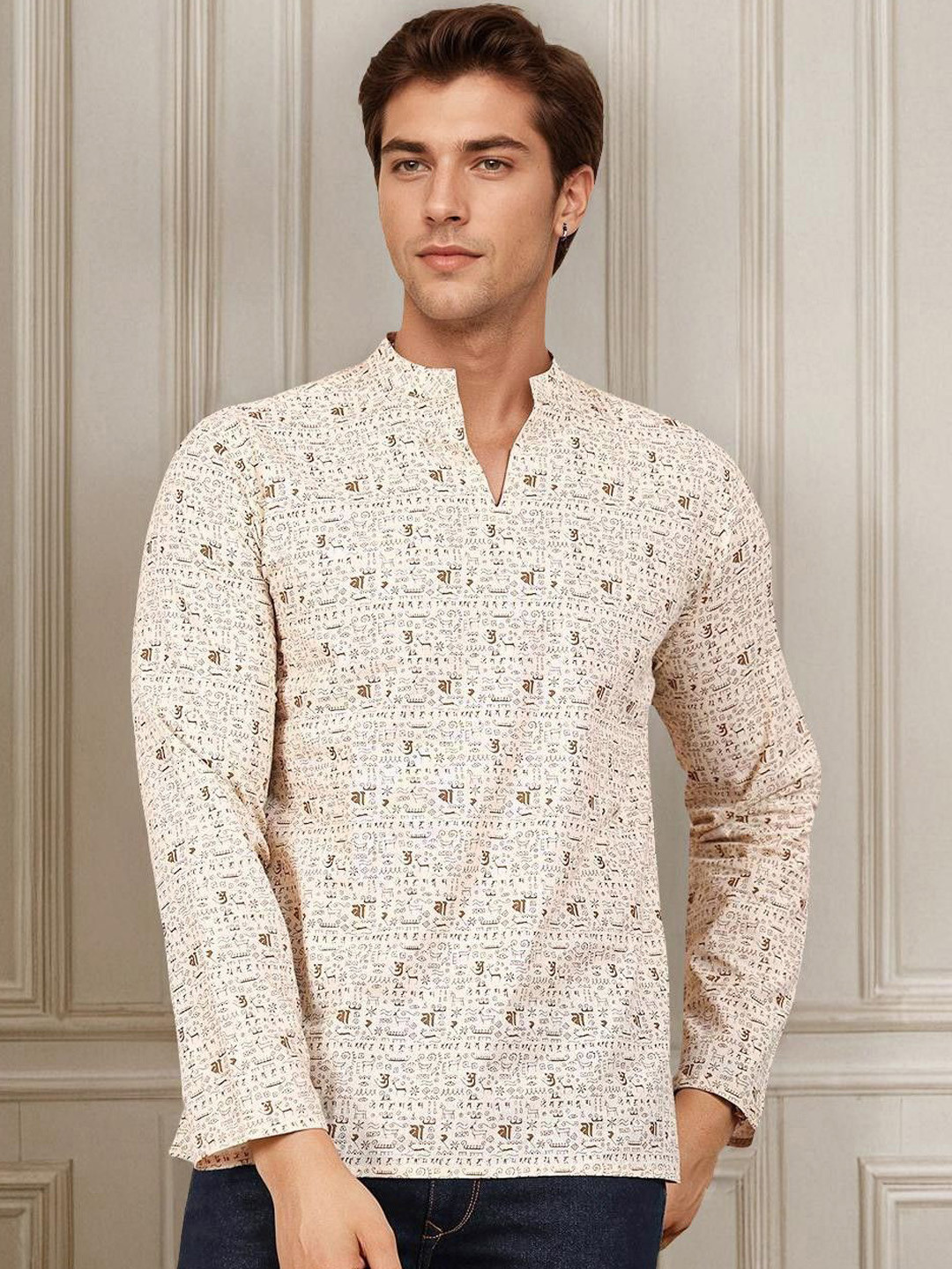 Anouk Tribal Printed Mandarin Collar Neck Long Sleeves Cotton Straight Short Kurta