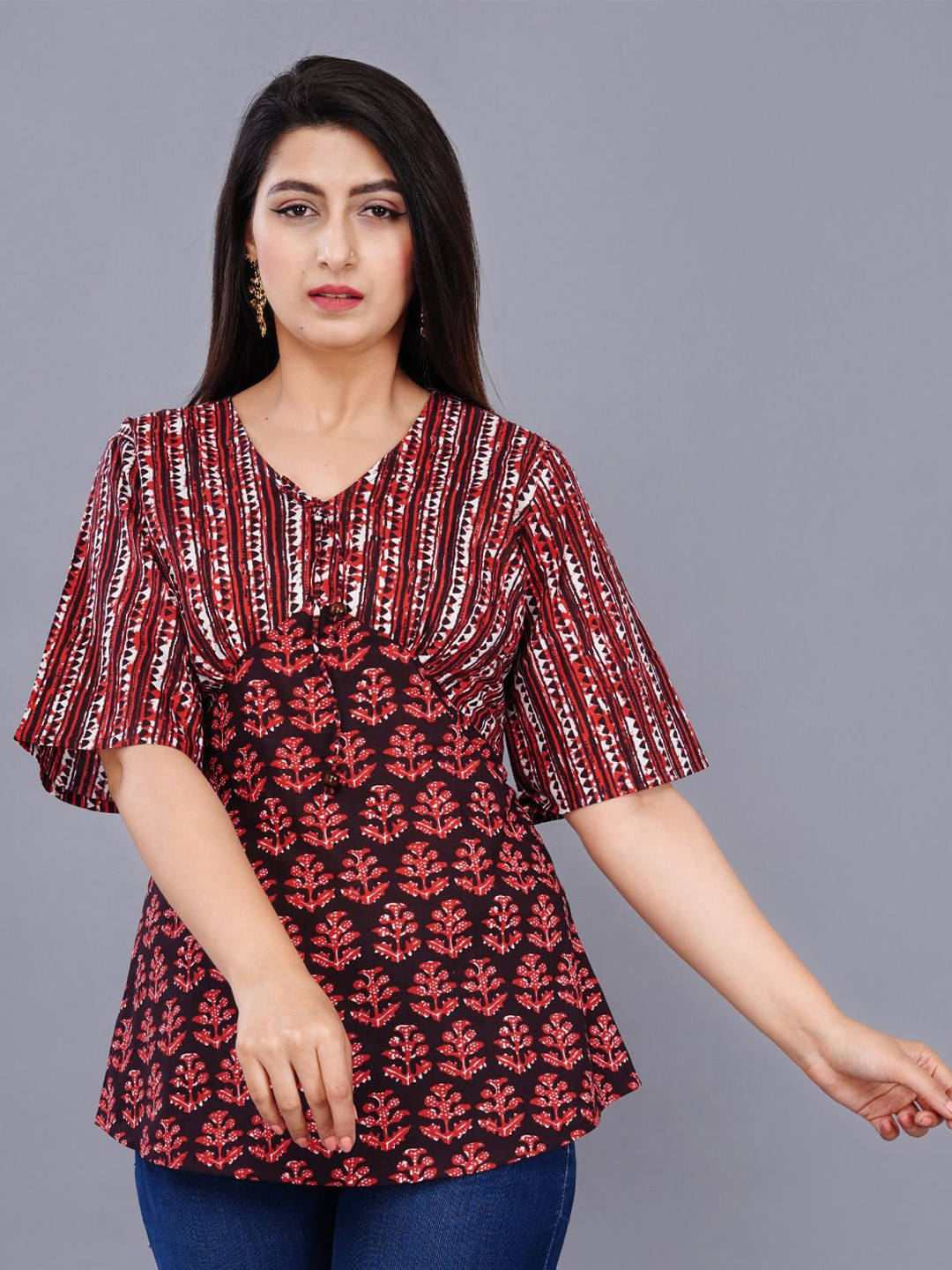 Cloth Bites Women Cotton Floral Printed Flared Sleeves A-Line Top