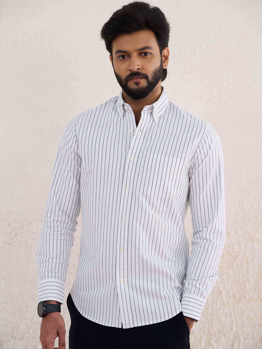 PINK SUPPLY Men Classic Striped Button down Collar Cotton Oxford Shirt