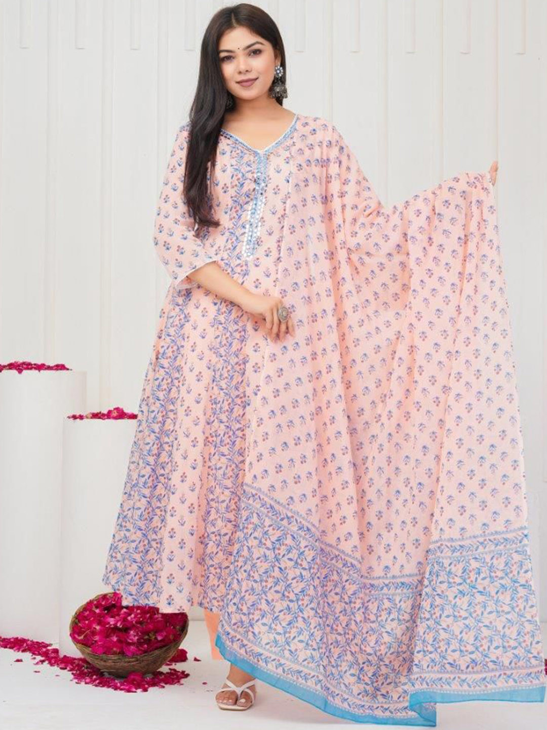 SIGNORIA Floral Printed Mirror Work Pure Cotton Anarkali Kurta with Trousers & Dupatta