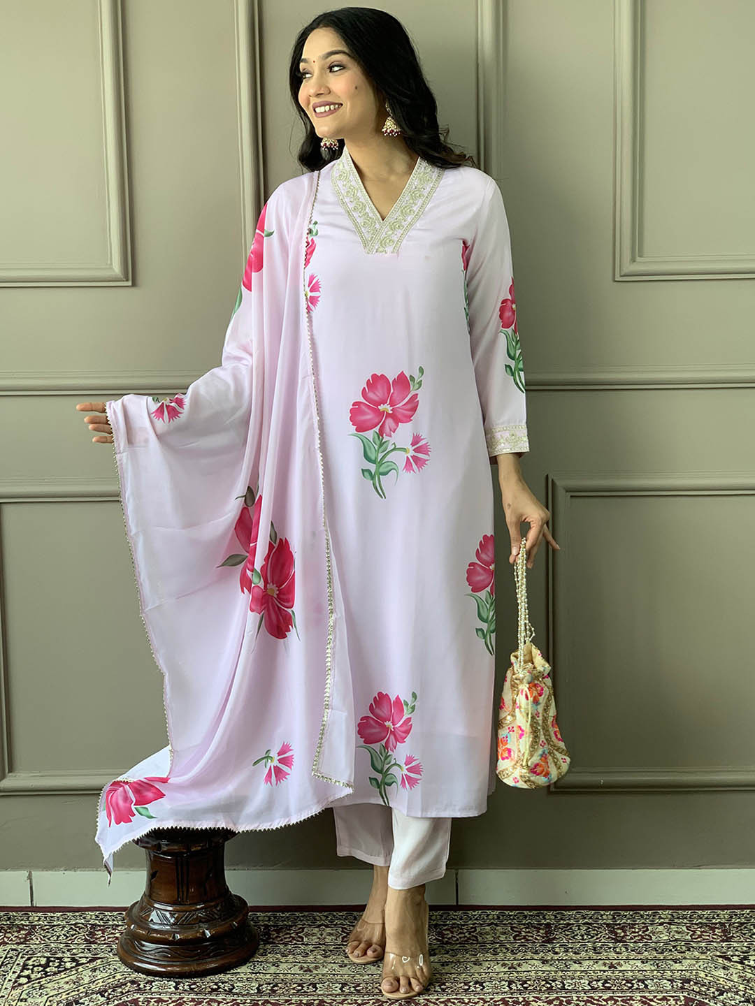 KALINI Floral Printed Sequinned V-Neck French Crepe Straight Kurta with Trouser & Dupatta