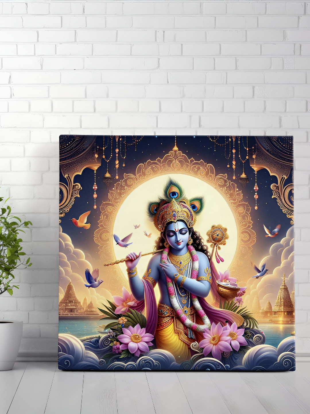 SAF Blue & Gold-Toned Wooden Canvas God Krishna Religious Wall Art