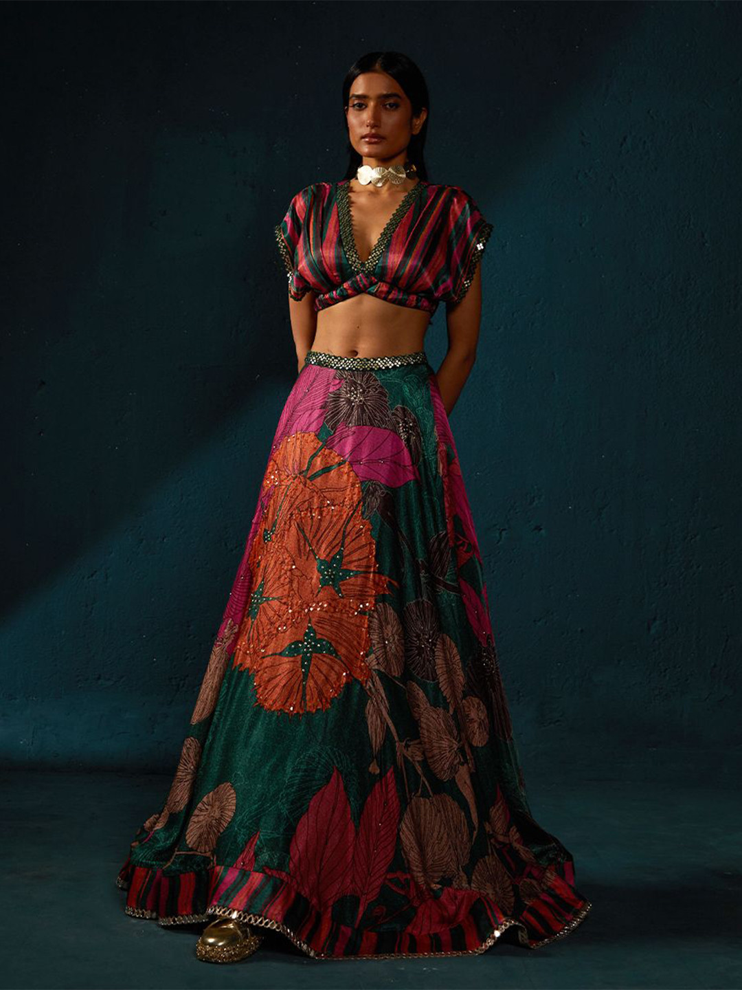 Basil leaf Floral Printed Made to Measure Lehenga & Blouse With Dupatta