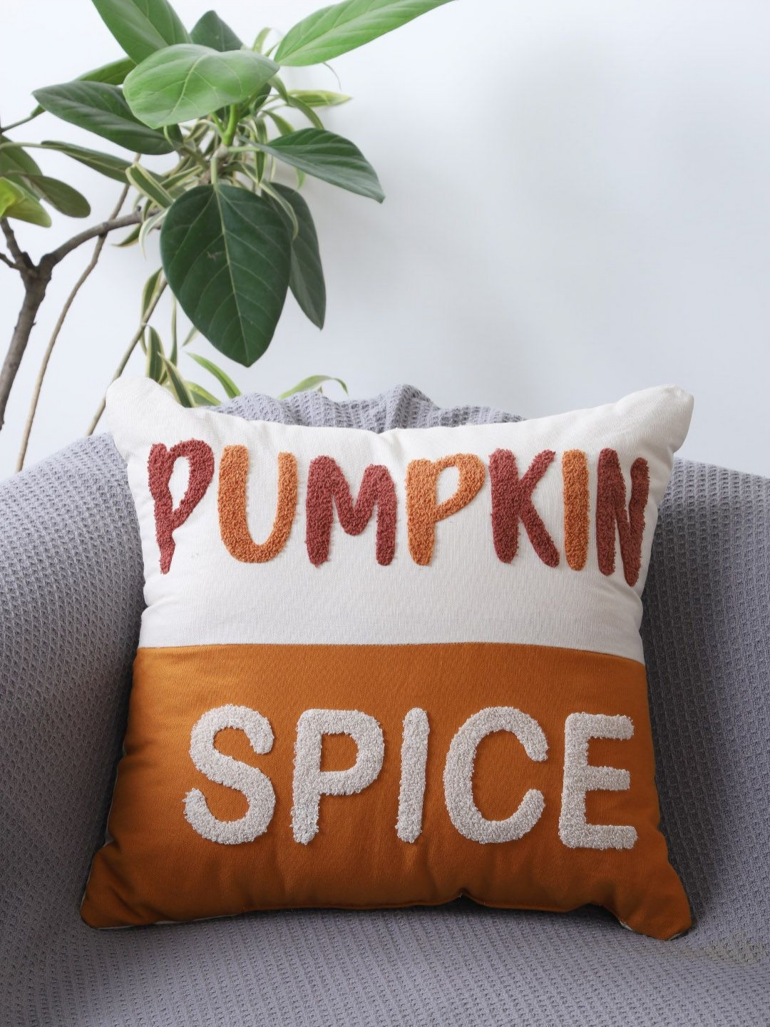 Jamio Firati Pumpkin Spice Typography Cotton Breathable Embroidered Cushion Cover -16x16In