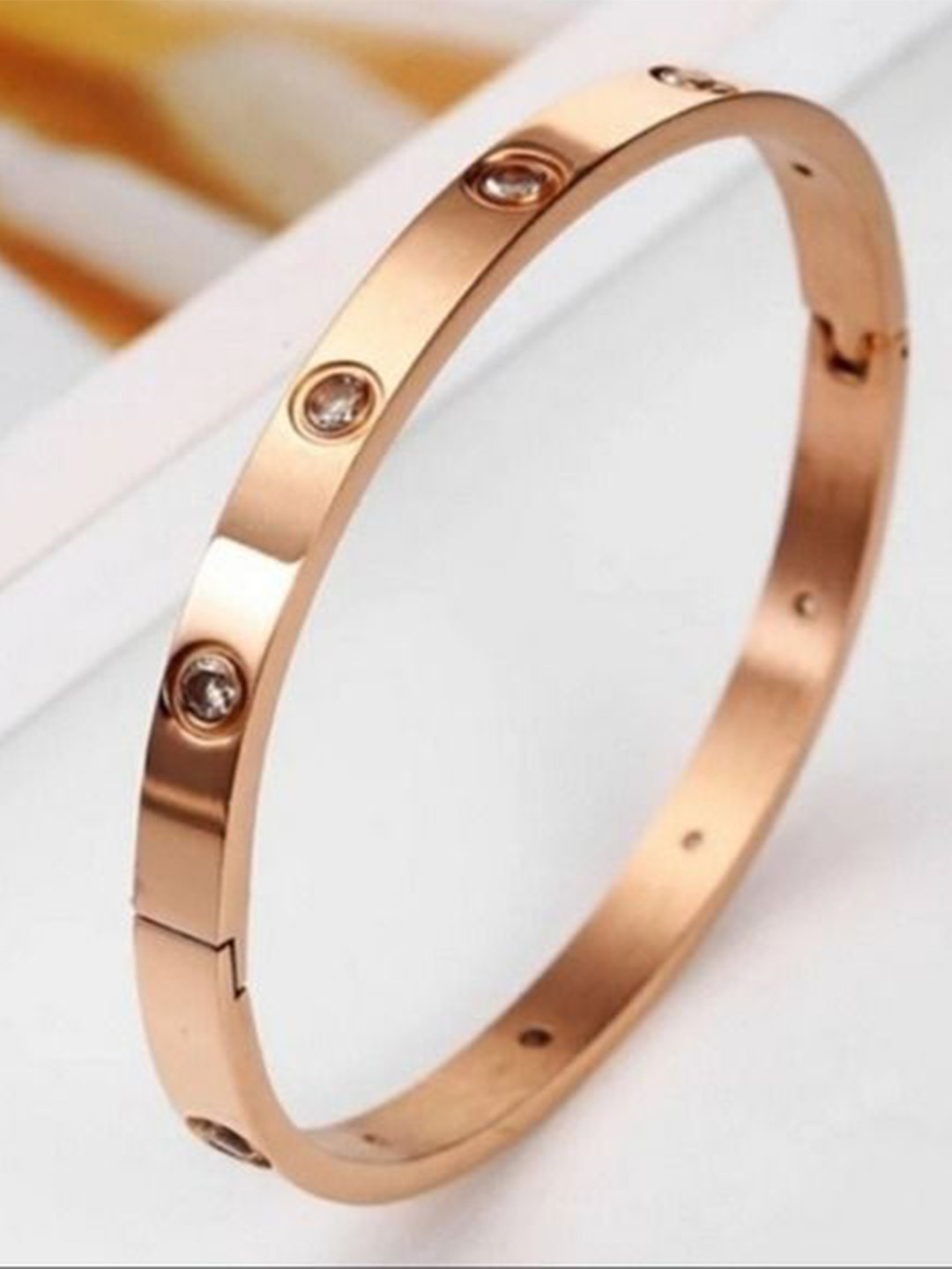 MEENAZ Stainless Steel Rose Gold-Plated Cubic Zirconia Kada Bracelet