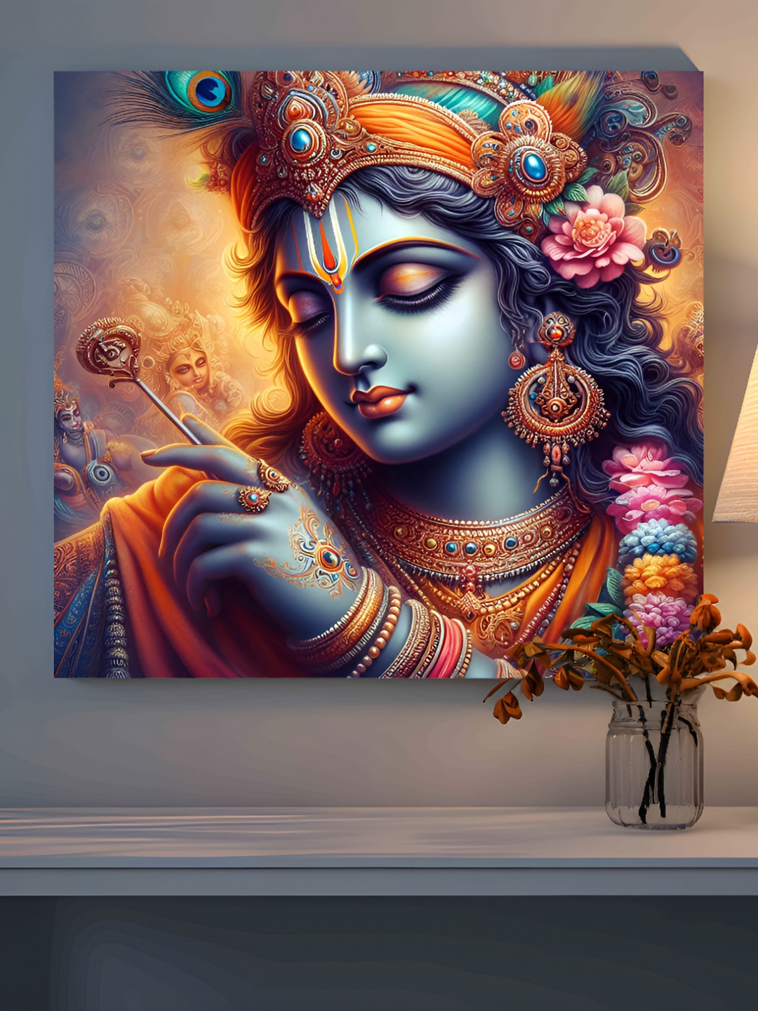 SAF Lord Krishna Blue Wood Wall Living Room Square Paintings Wall Art -22.83 x 22.83In