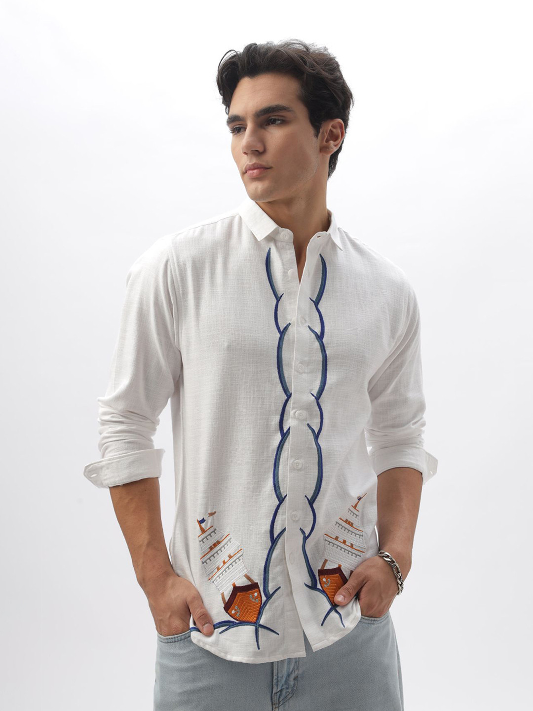 HAMPTONS Sailing Ship Embroidered Cotton Casual Shirt